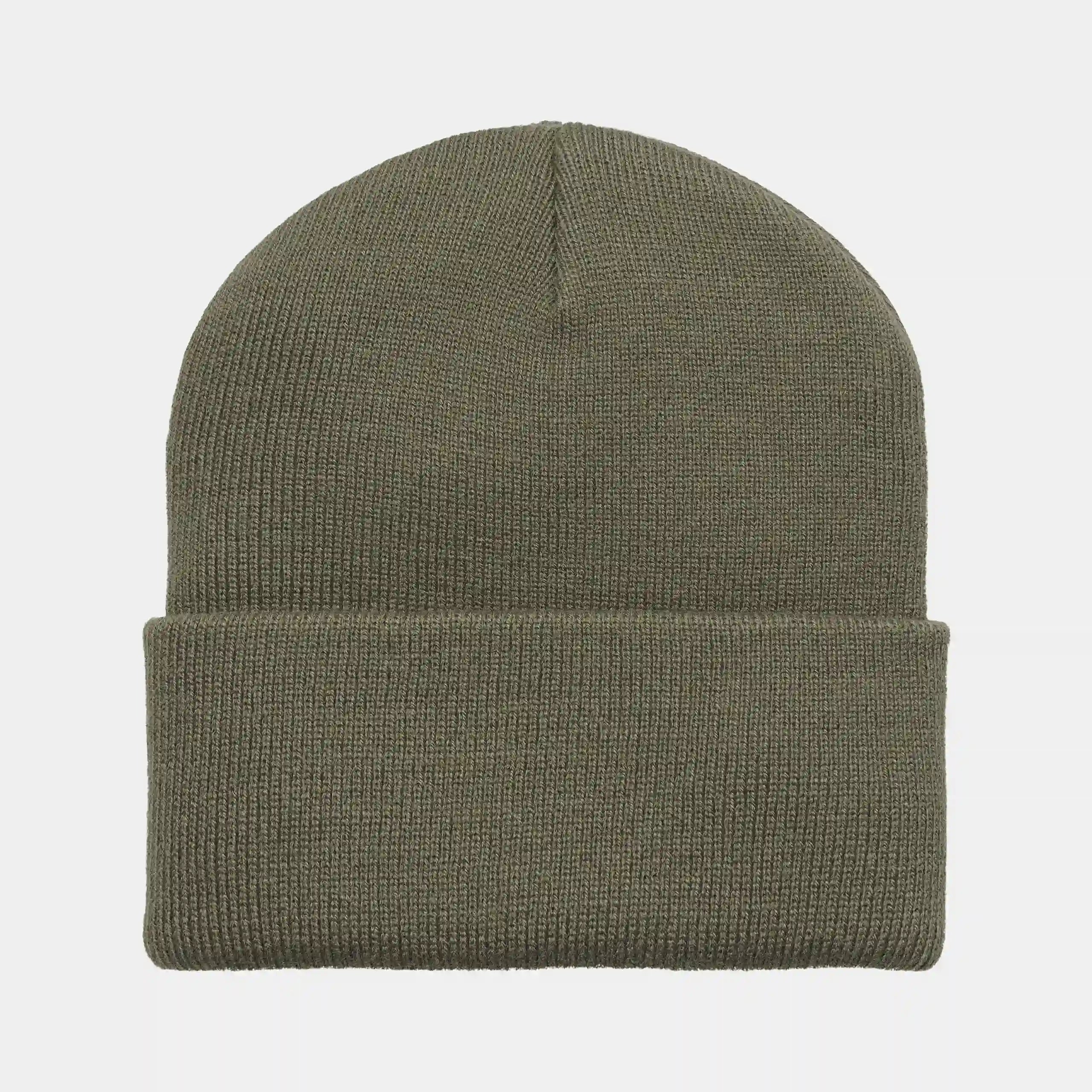 “Dunkelgrüne ("Seaweed") Carhartt WIP Short Watch Hat. Kurze Beanie aus gerippter Acryl-Wolle. Eng anliegende Passform, umgeschlagener Saum und ein gewebtes Carhartt WIP Square Label.“