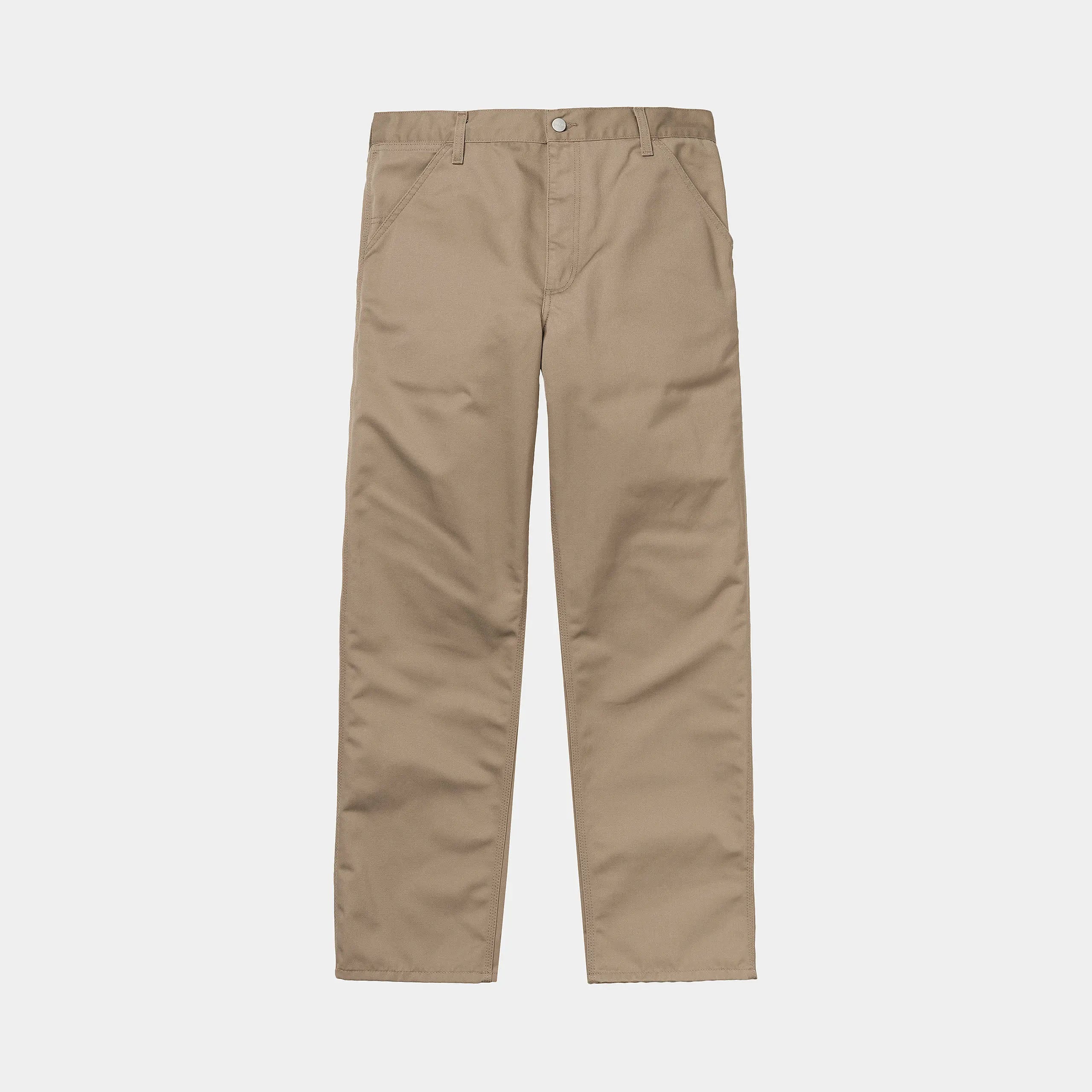 "Helle, gewaschene Chinohose in Khaki, im einfachen Carhartt WIP Stil. Gerades Bein, lockere Passform, dezentes Logo-Etikett an der Gesäßtasche."