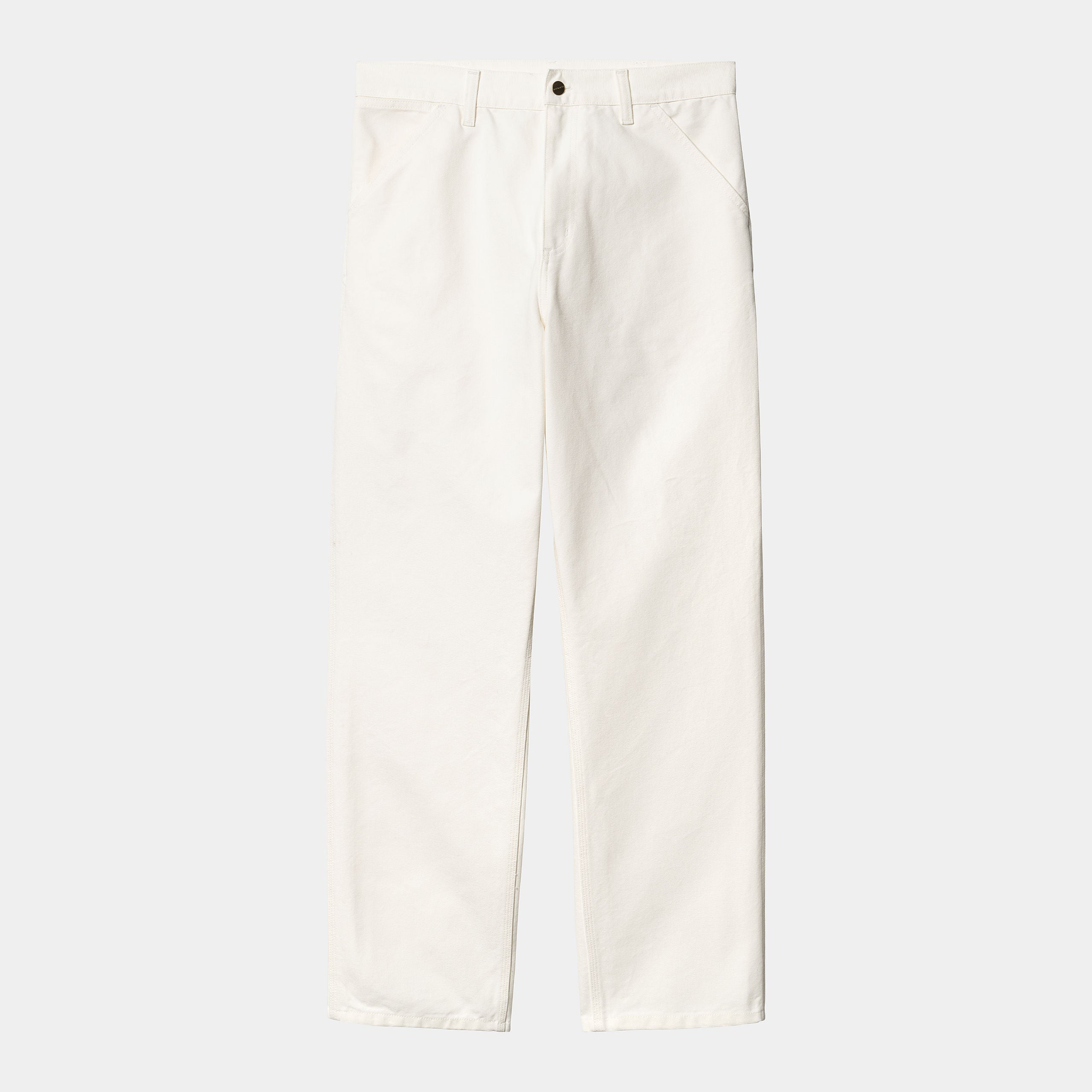 “Carhartt WIP Single Knee Pant – Wax (stone washed). Beige Worker-Jeans aus robustem Baumwoll-Twill, mit geradem Bein und Nieten-Details.“