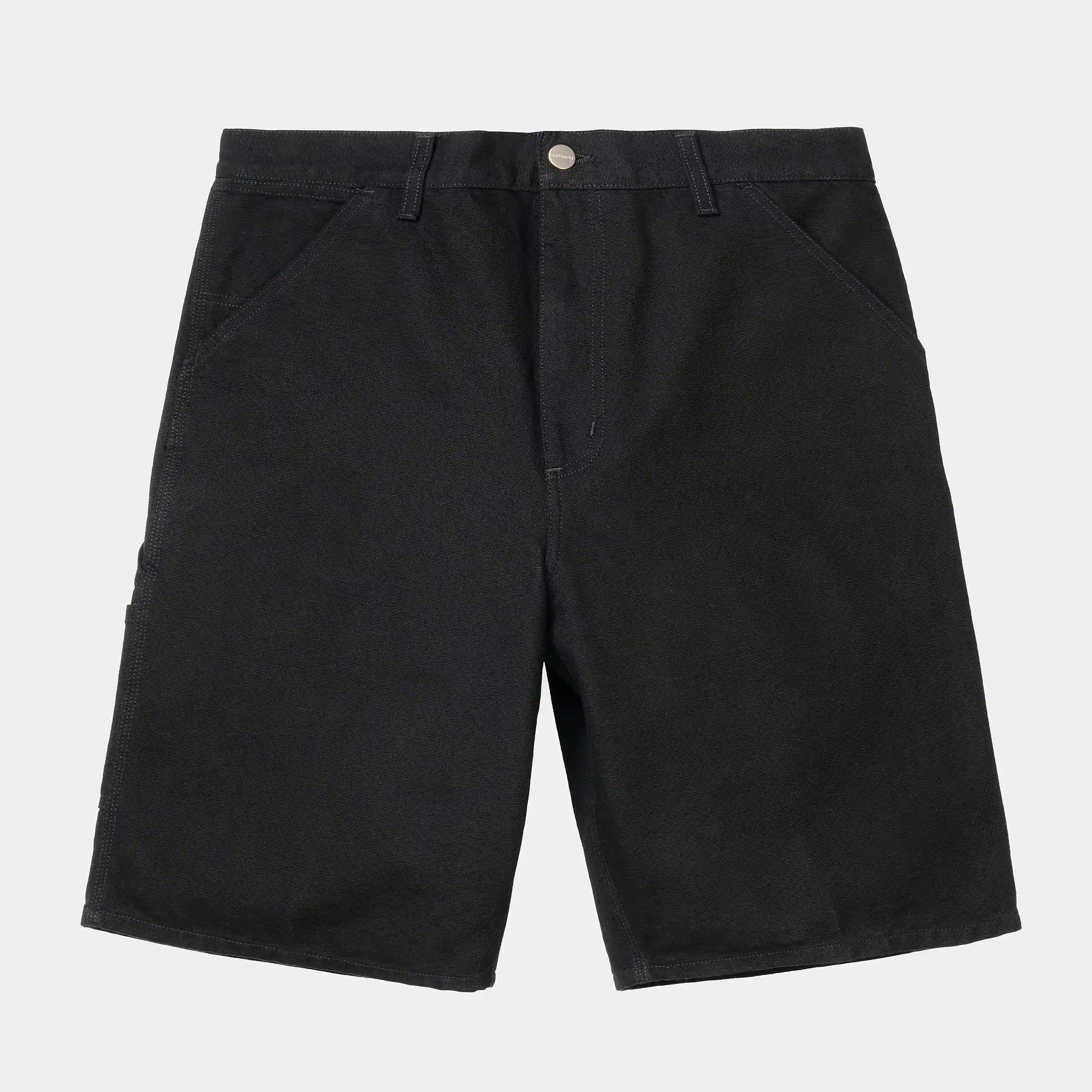 “Schwarze (rinsed) Carhartt WIP Single Knee Short. Robuste Baumwoll-Twill-Shorts mit lockerer Passform, Werkzeugtaschen, Hammerschlaufe und gewebtem Carhartt WIP Square Label.“