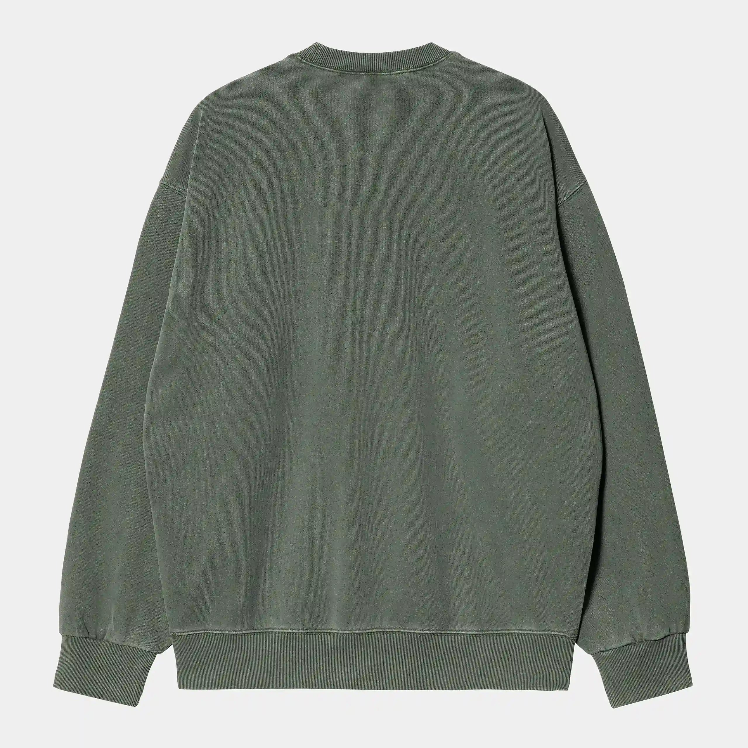“Dunkelgrün farbenes („Boxwood“) Carhartt WIP Vista Sweatshirt. Herren-Sweatshirt aus schwerem, stückgefärbtem Baumwolljersey. Kastenförmige, lockere Passform mit geripptem Rundhalsausschnitt, Bündchen und Saum. Kleines, farblich passendes Carhartt "C"-Logo auf der Brust. Robuster, bequemer Style.“