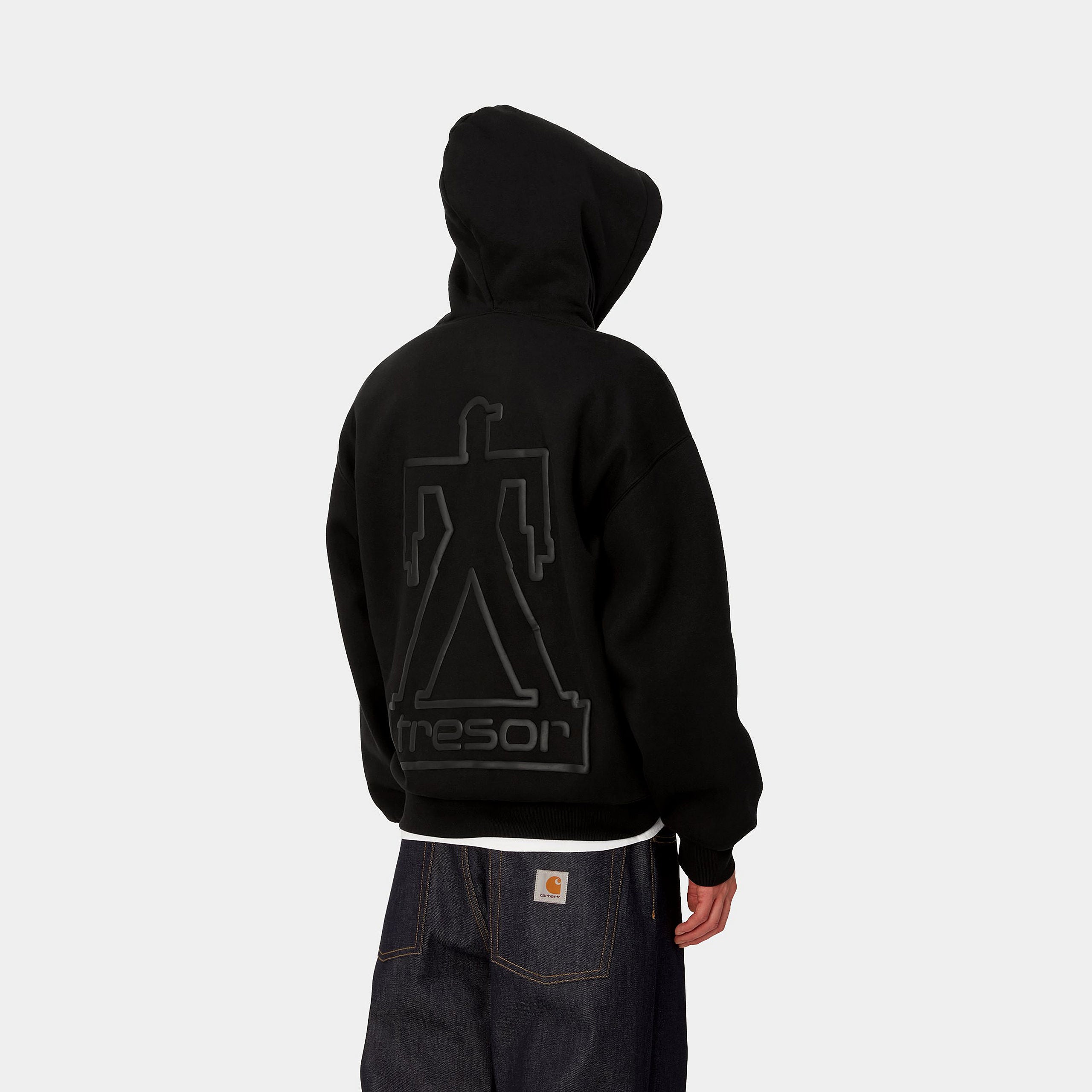 "Carhartt WIP x TRESOR Basement Hooded Sweatshirt, Schwarz/Grau, Baumwolle, Kapuzenpullover mit grafischem Print und Co-Branding."