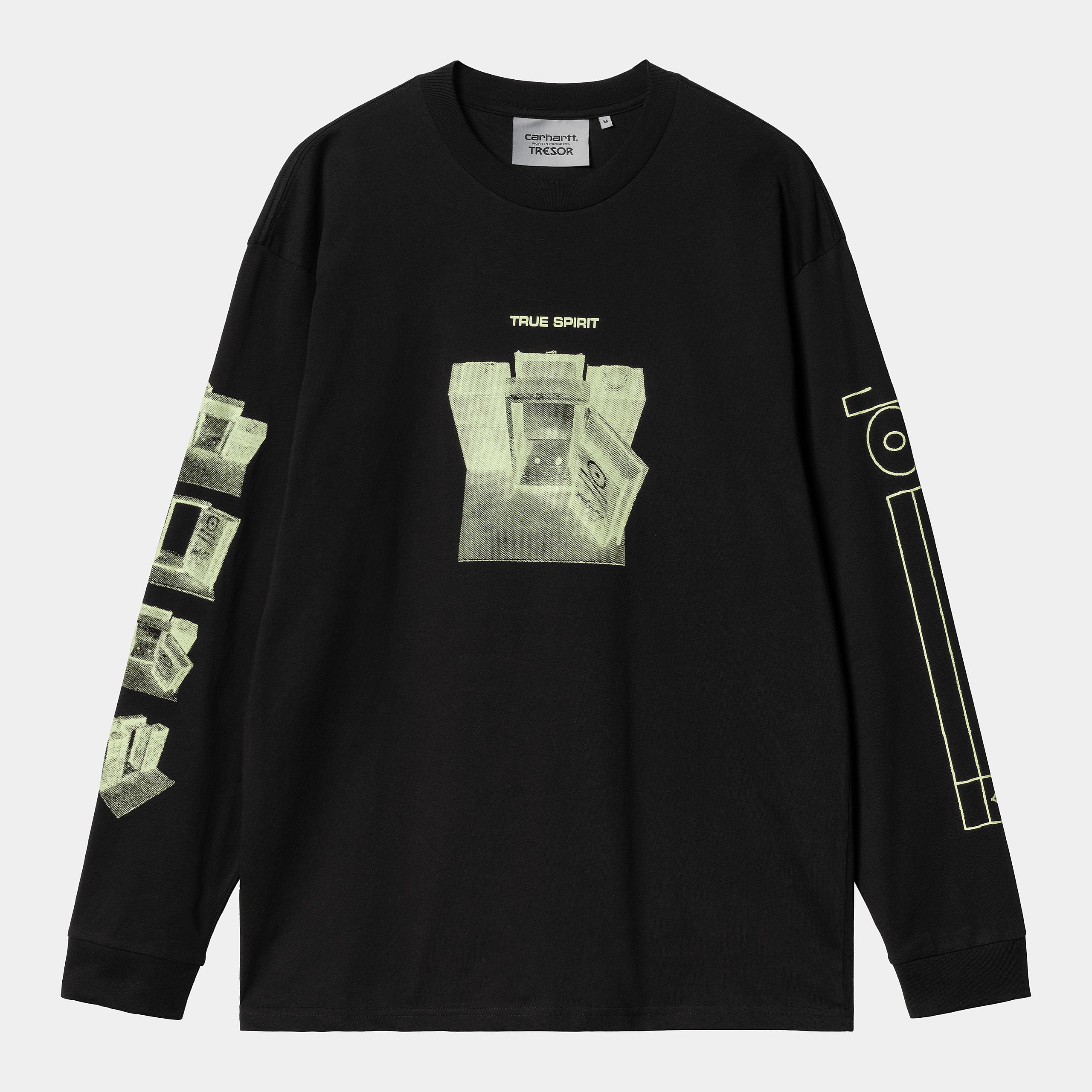 "Carhartt WIP x TRESOR True Spirit L/S T-Shirt, Schwarz, Baumwolle, Langarmshirt mit grafischem Print und Co-Branding."
