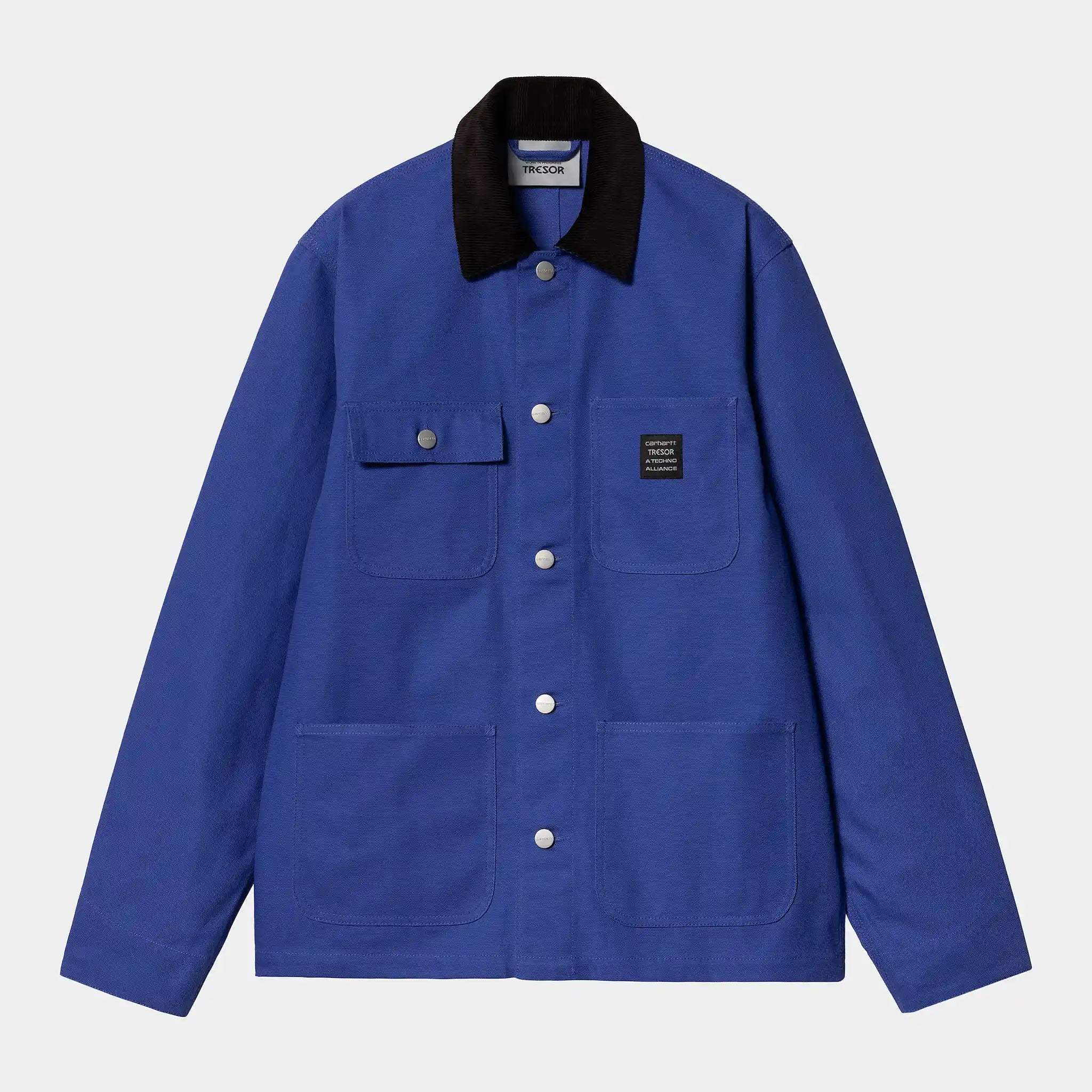 "Carhartt WIP x TRESOR Way Of The Light Michigan Coat, Lazurite (Blau), robustes Canvas, Arbeitsjacke mit reflektierenden Details und Co-Branding."