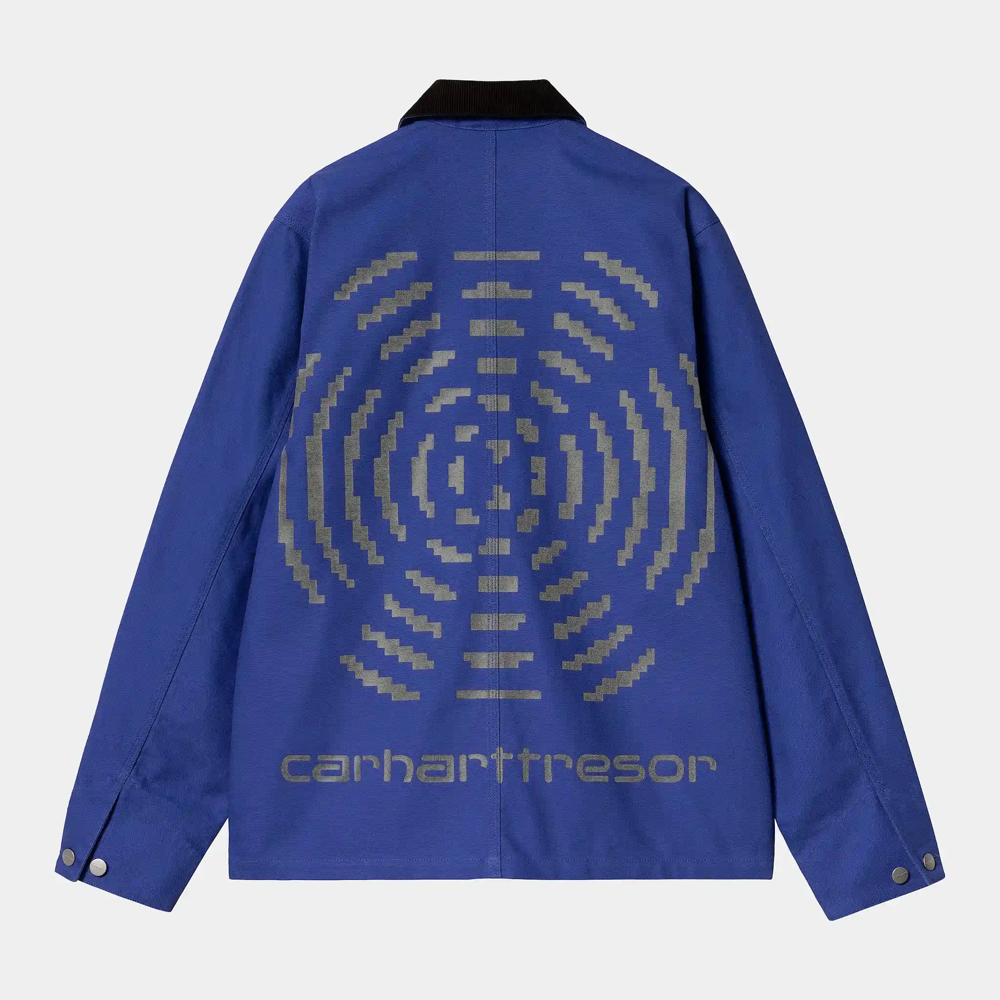 "Carhartt WIP x TRESOR Way Of The Light Michigan Coat, Lazurite (Blau), robustes Canvas, Arbeitsjacke mit reflektierenden Details und Co-Branding."