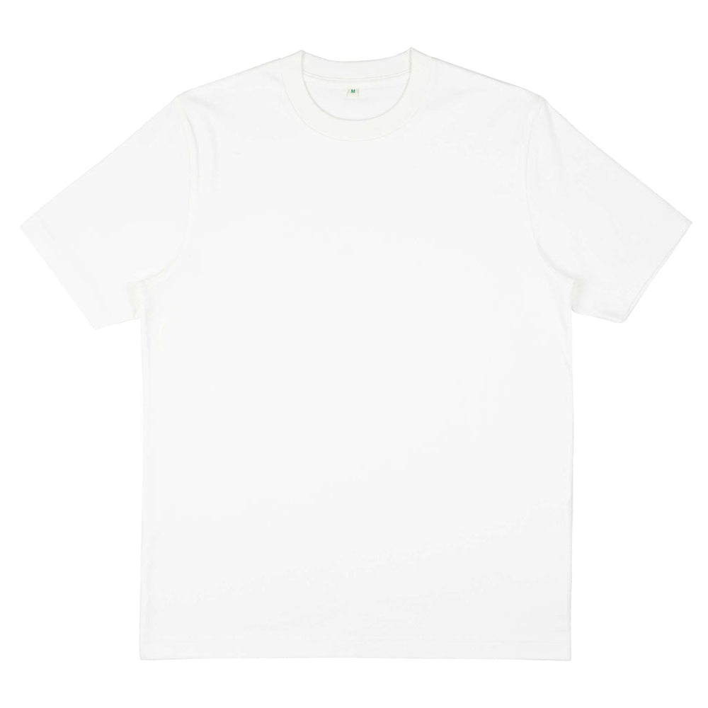 "Earth Positive Heavy T-Shirt in Weiß, schwere Baumwolle, lockere Passform, klassisches Basic-T-Shirt."