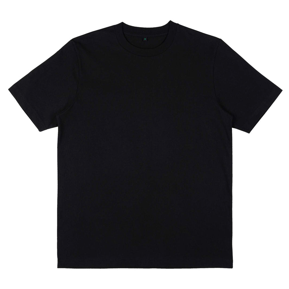 "Earth Positive Heavy T-Shirt in Schwarz, schwere Baumwolle, lockere Passform, klassisches Basic-T-Shirt."