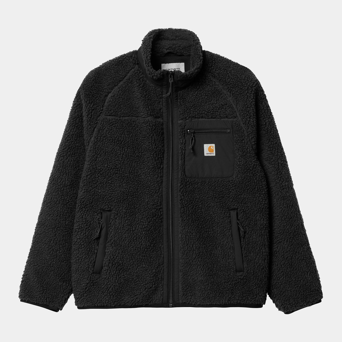 “Carhartt WIP Prentis Liner – Black. Schwarze Fleecejacke aus Polyester-Pile-Fleece, mit Reißverschluss, Kontrasteinsätzen und Carhartt WIP Square Label auf der Brust.“