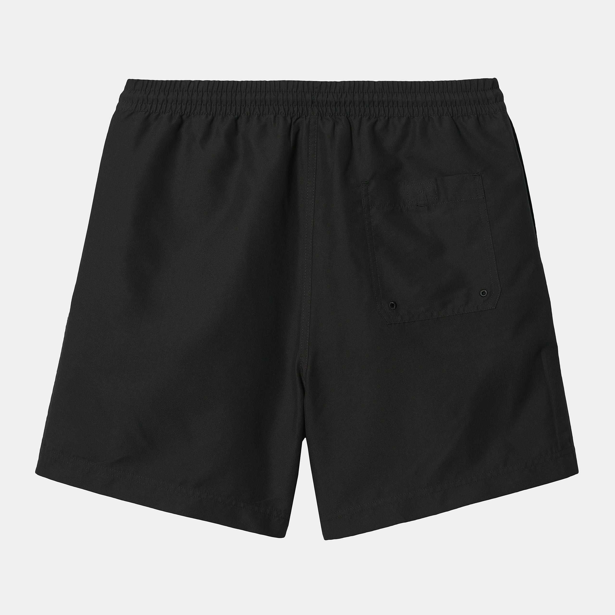 "Carhartt Chase Swim Trunk in Schwarz/Gold, Polyester, Badehose mit Kordelzug, goldene Logo-Stickerei."