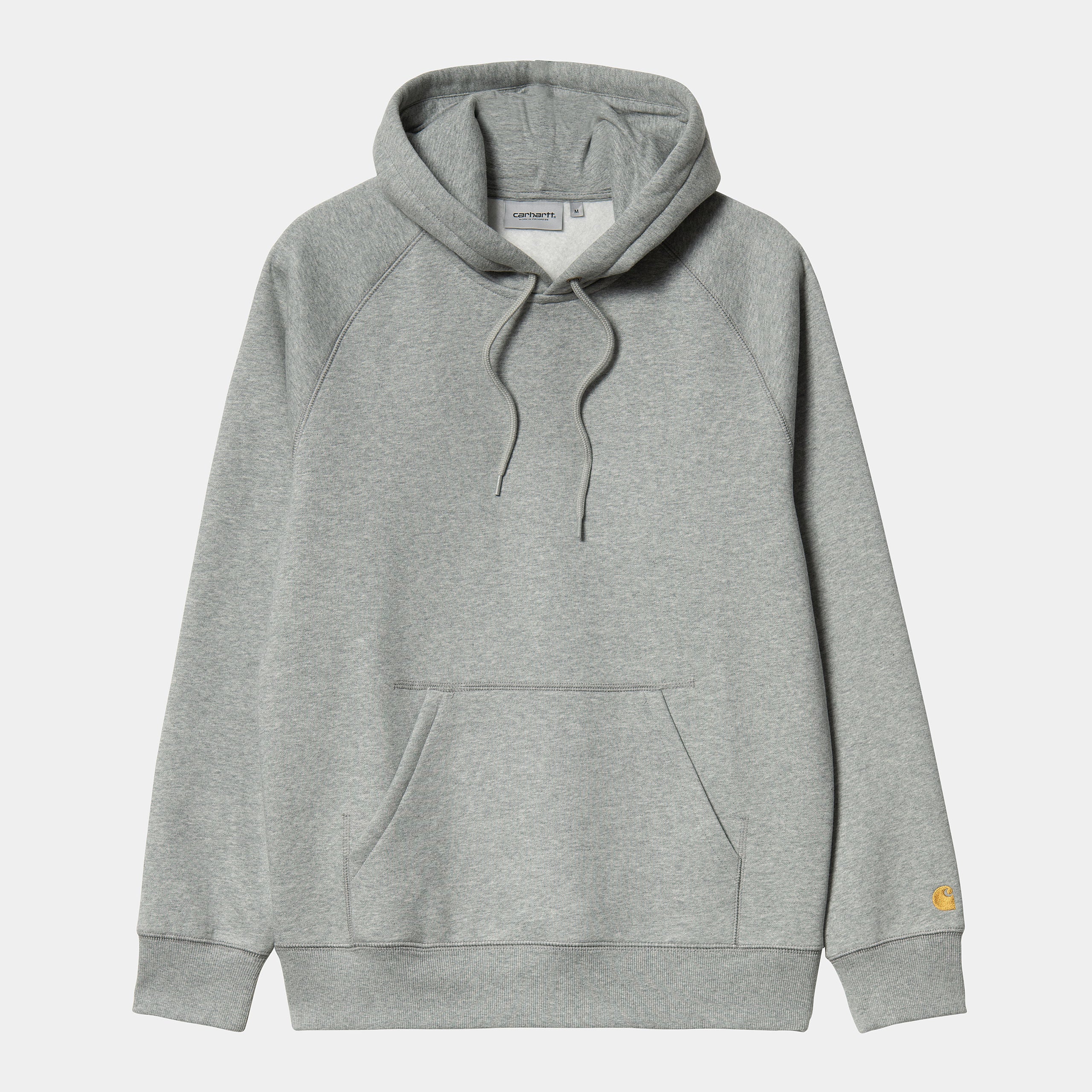 "Carhartt Hooded Chase Sweat in Grau meliert/Gold, I026384_00M_XX, carhartt hoodie aus Baumwollmischung, Kapuze, Gold-Logo Stickerei, klassischer Hoodie-Stil."