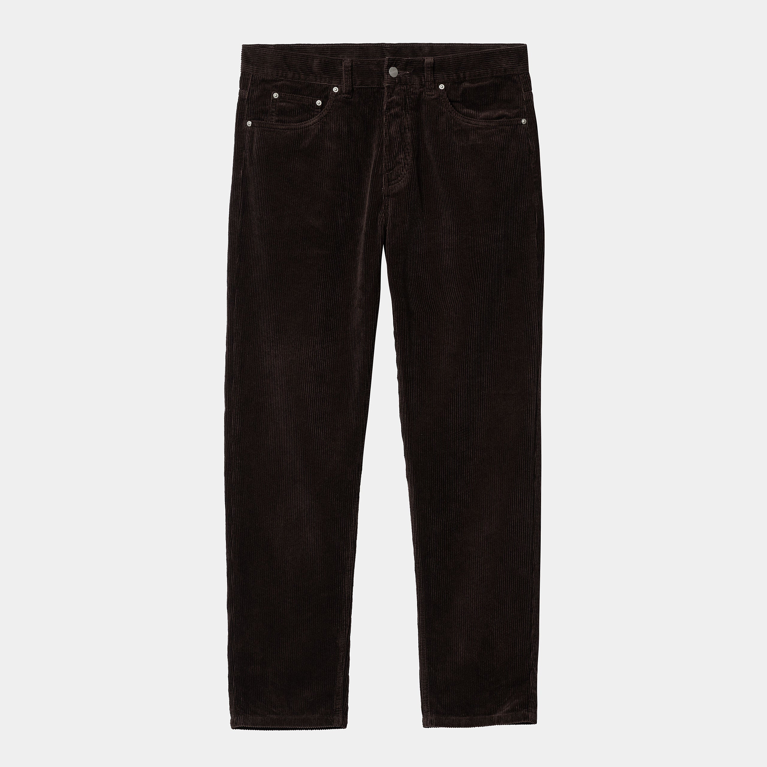 "Carhartt Newel Pant in Dunkelbraun (Rinsed), Cordhose aus Baumwolle, lockere Passform, klassische Hose in tiefem Dunkelbraun."