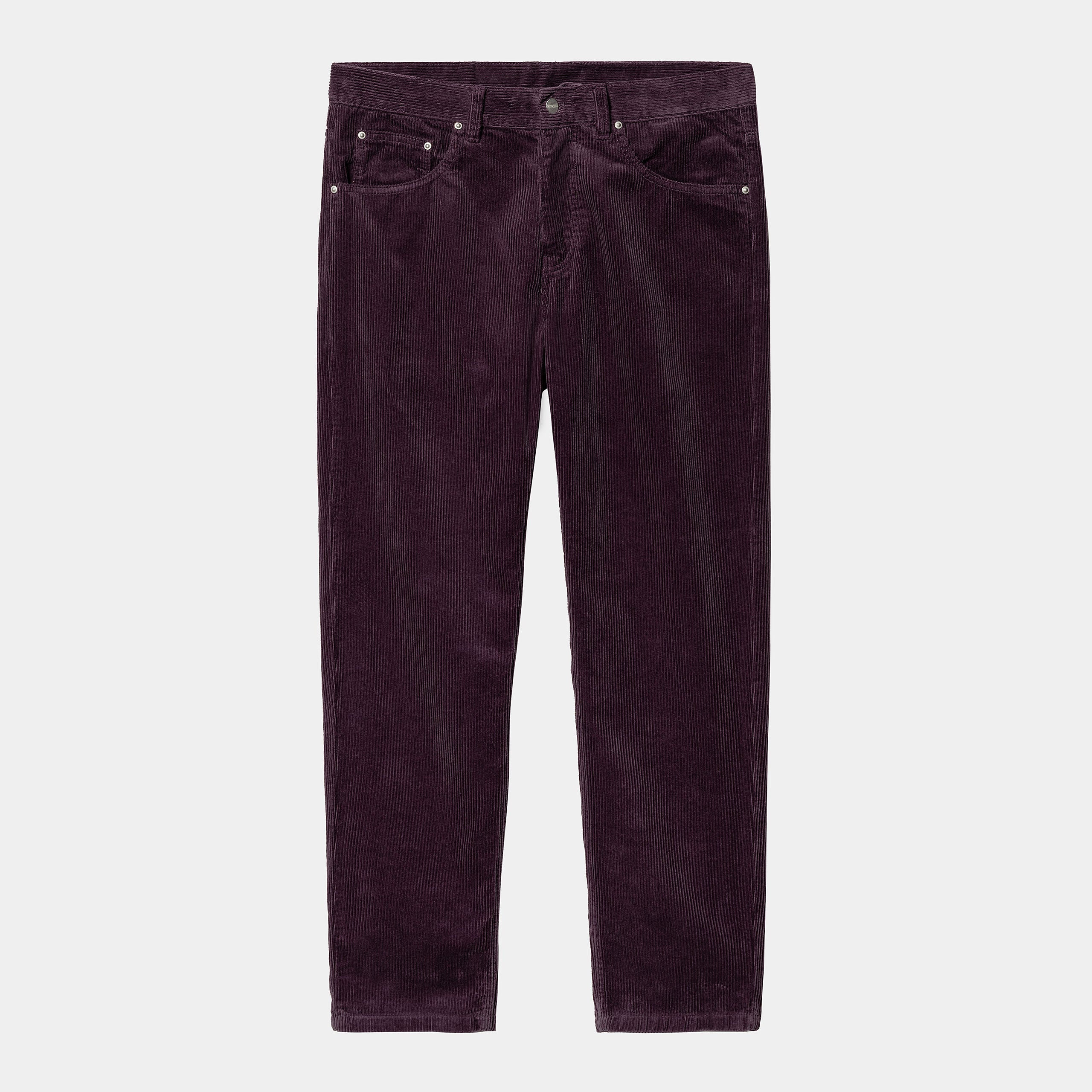 "Carhartt Newel Pant in Plum (Rinsed), Baumwolle, lockere Passform, klassische Five-Pocket Hose in einem Pflaumen Ton."