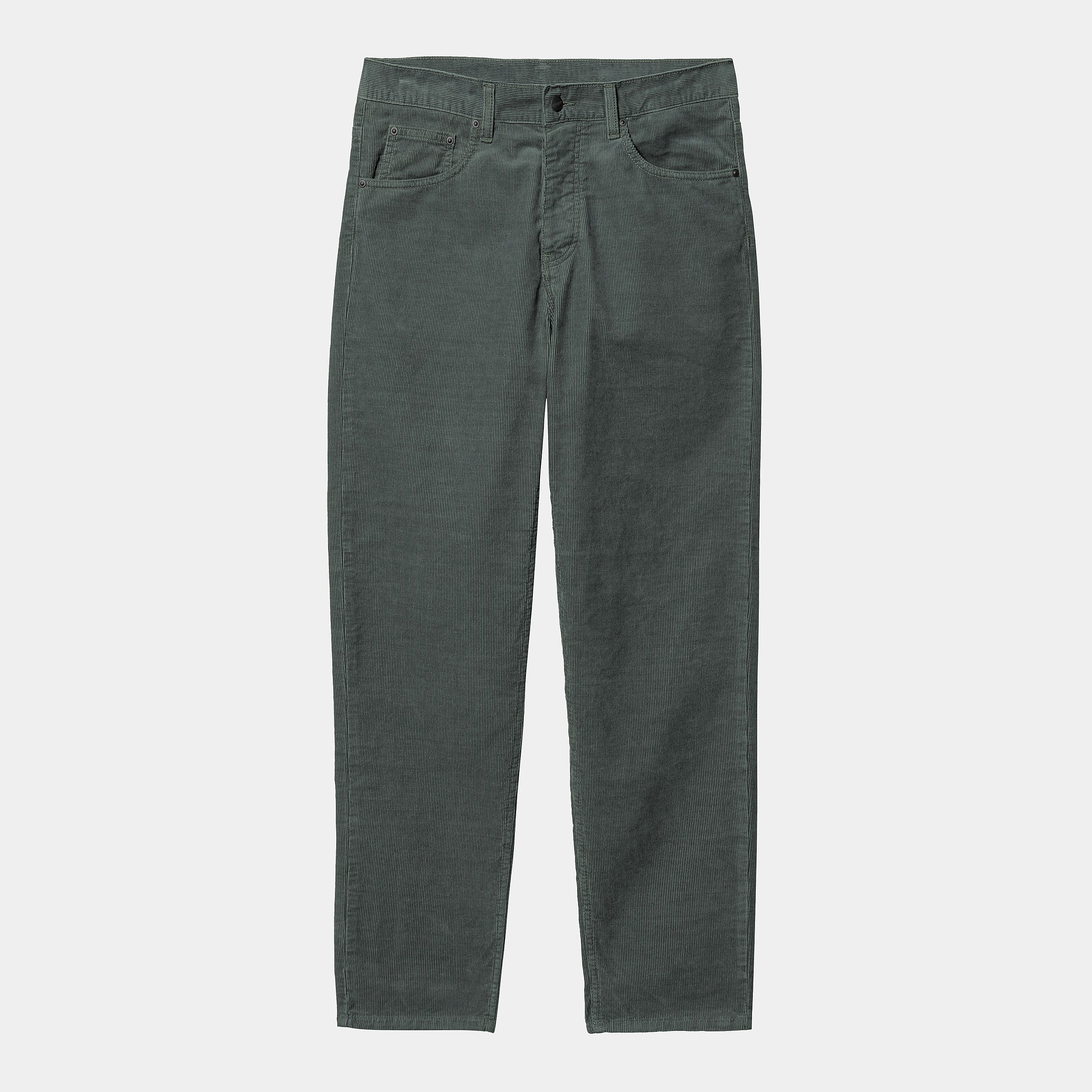 “Carhartt WIP Newel Pant in Jura-Grün, aus robustem Baumwoll-Twill, Cordhose mit lockerer Passform und gewebtem Logo-Patch auf der Gesäßtasche.“