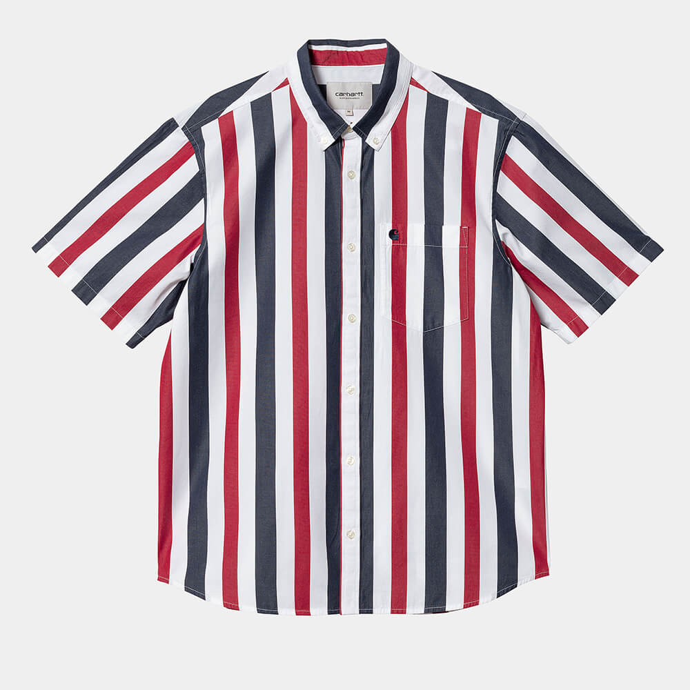 "Carhartt WIP S/S Elcano Shirt – Elcano Stripe, Arcade / Dark Navy. Kurzärmeliges, gestreiftes Hemd in Orange, Blau und Weiß aus Baumwolle, mit Reverskragen und Brusttasche."