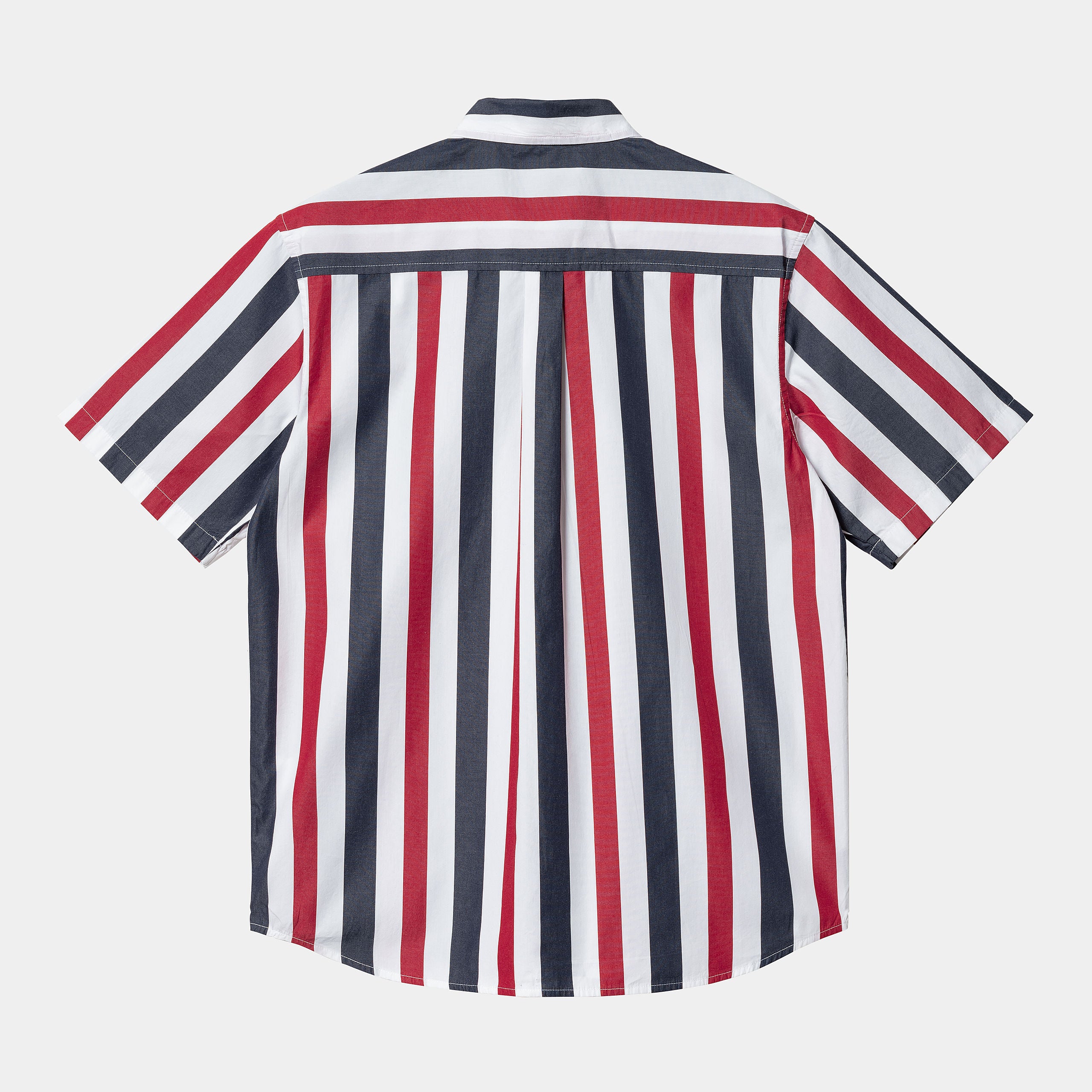 "Carhartt WIP S/S Elcano Shirt – Elcano Stripe, Arcade / Dark Navy. Kurzärmeliges, gestreiftes Hemd in Orange, Blau und Weiß aus Baumwolle, mit Reverskragen und Brusttasche."
