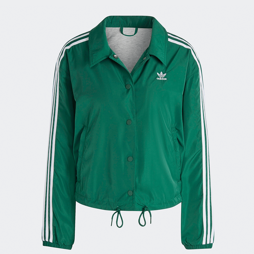 "Adidas Classics Coach Jacket W, Dark Green (dunkles Grün), leichtes Obermaterial, sportliche Damenjacke im Coach-Stil mit Druckknöpfen und Logo."