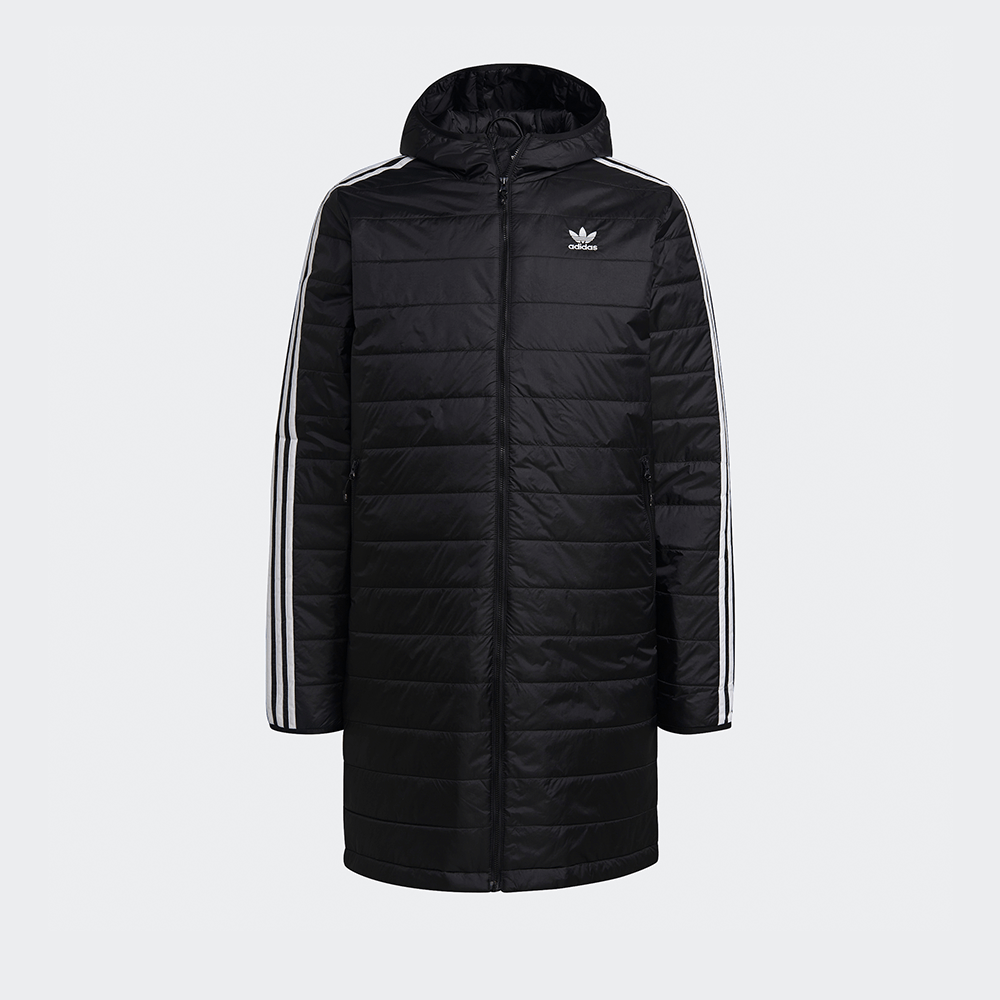 "Adidas Padded Coat, Schwarz, gestepptes Material (vermutlich Polyester), lange, gefütterte Winterjacke mit Kapuze und Reißverschluss."