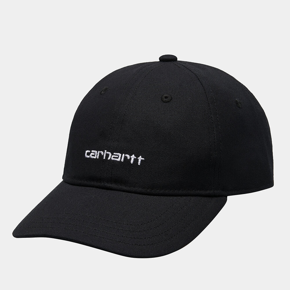 "Carhartt WIP Canvas Script Cap, Black/White, Canvas, Baseballkappe mit gesticktem Carhartt-Schriftzug vorne und verstellbarem Riemen."