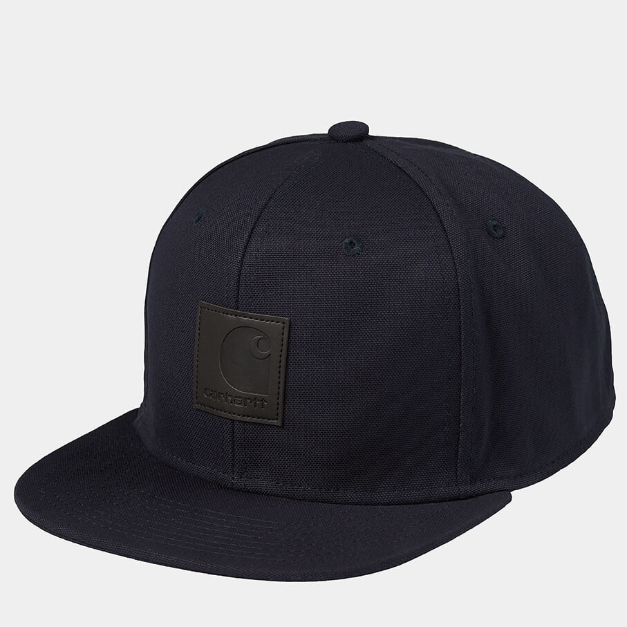 "Carhartt Logo Cap in Dunkelblau, Baumwolle, klassische Baseballkappe mit quadratisches Etikett aus Kunstleder."
