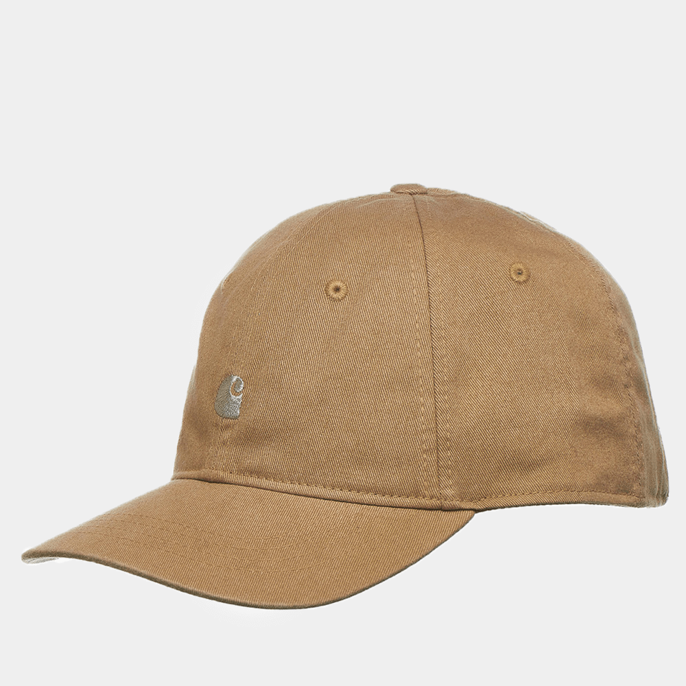 "Carhartt WIP Madison Logo Cap, Leather/Wax (Braun/Gold), Baumwoll-Twill, Baseballkappe mit goldenem Logo vorne und verstellbarem Riemen."
