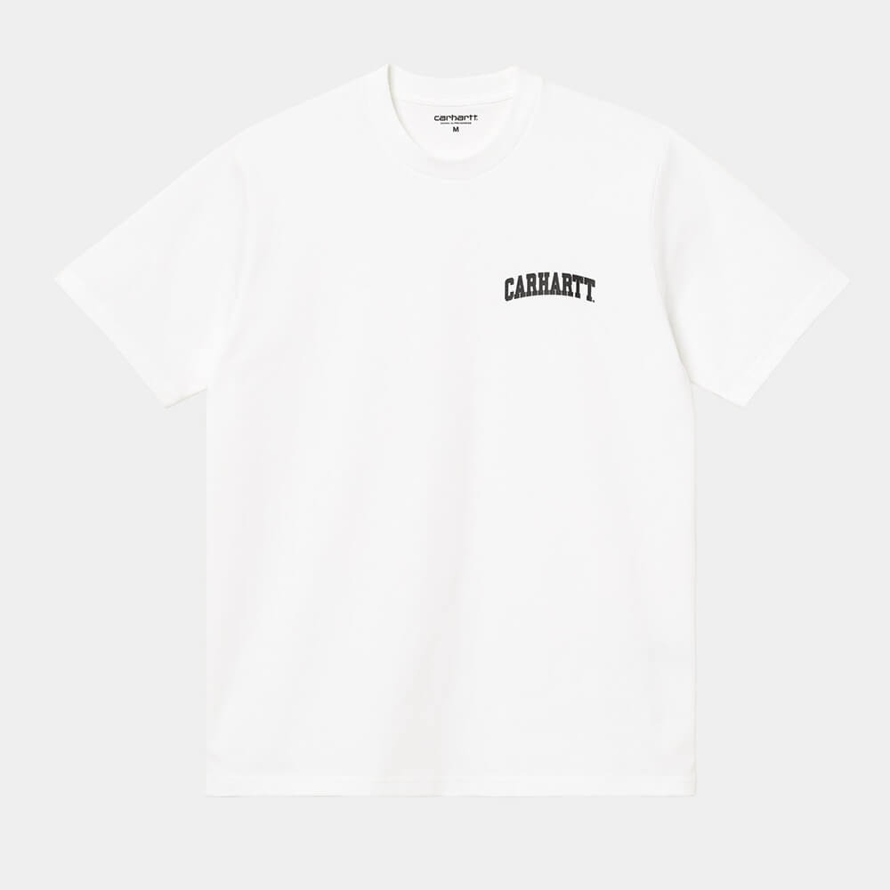 "Carhartt WIP S/S University Script T-Shirt, White/Black, Baumwolle, kurzärmeliges T-Shirt mit schwarzem Universitäts-Schriftzug."