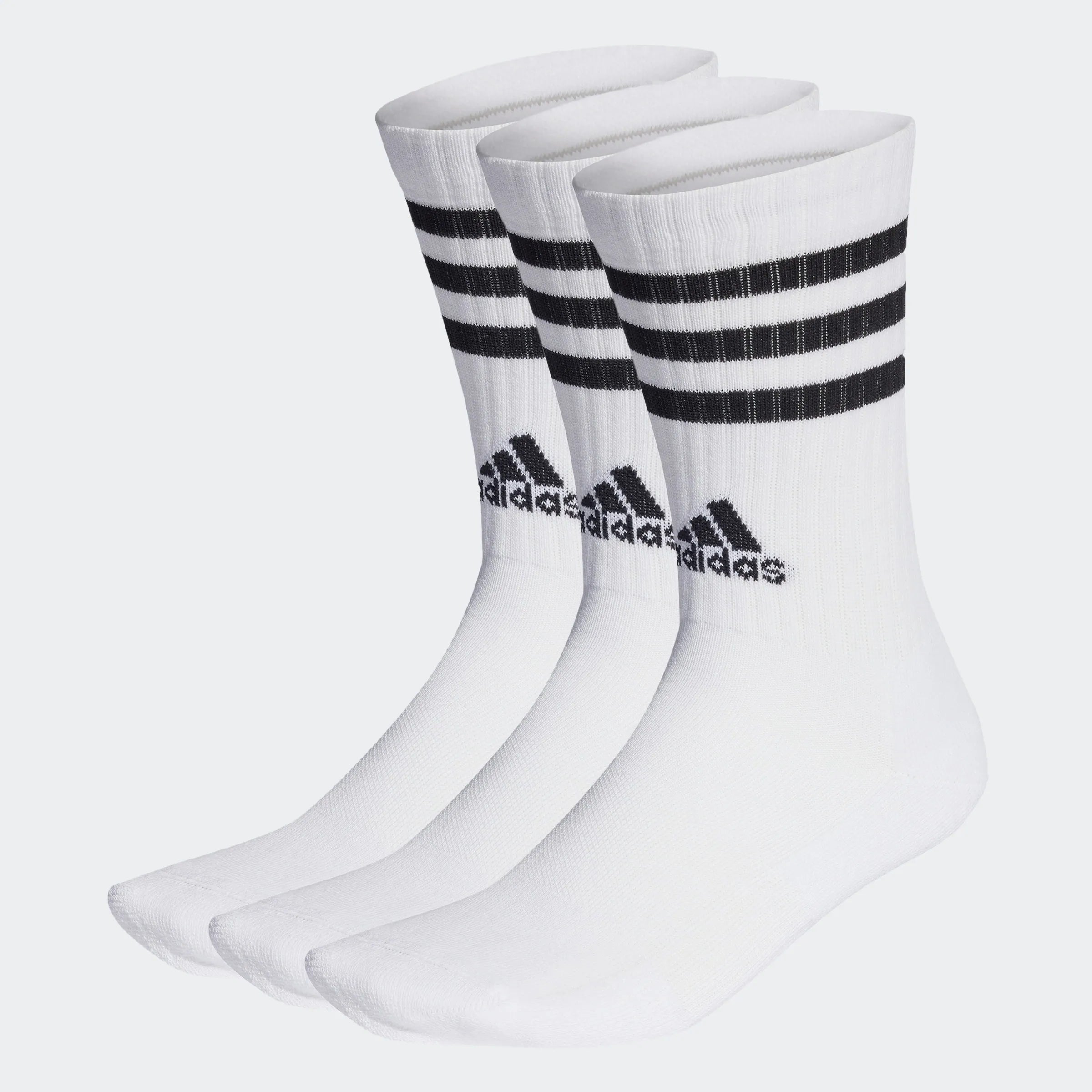 “Adidas 3-Stripes Cushioned Crew Socks 3er Pack in White. Bequeme und stylische Tennissocken die perfekt zu Retro Sneaker passen.“ 