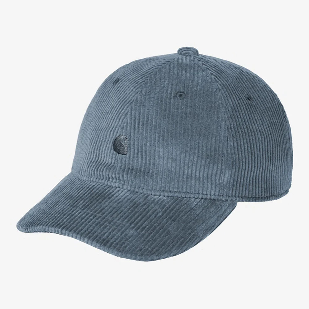 "Carhartt WIP Harlem Cap in Angelite (Graublau). Baseball-Cap aus Baumwoll-Cord, mit Ton-in-Ton gesticktem Logo."