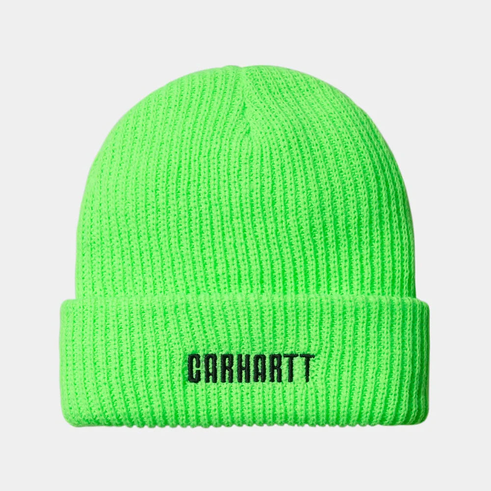 Carhartt WIP Industry Beanie – Lumo Green / Black. Leuchtend grüne Strickmütze aus Acryl, mit breitem Umschlag und schwarzem Carhartt Industry Logo-Patch.