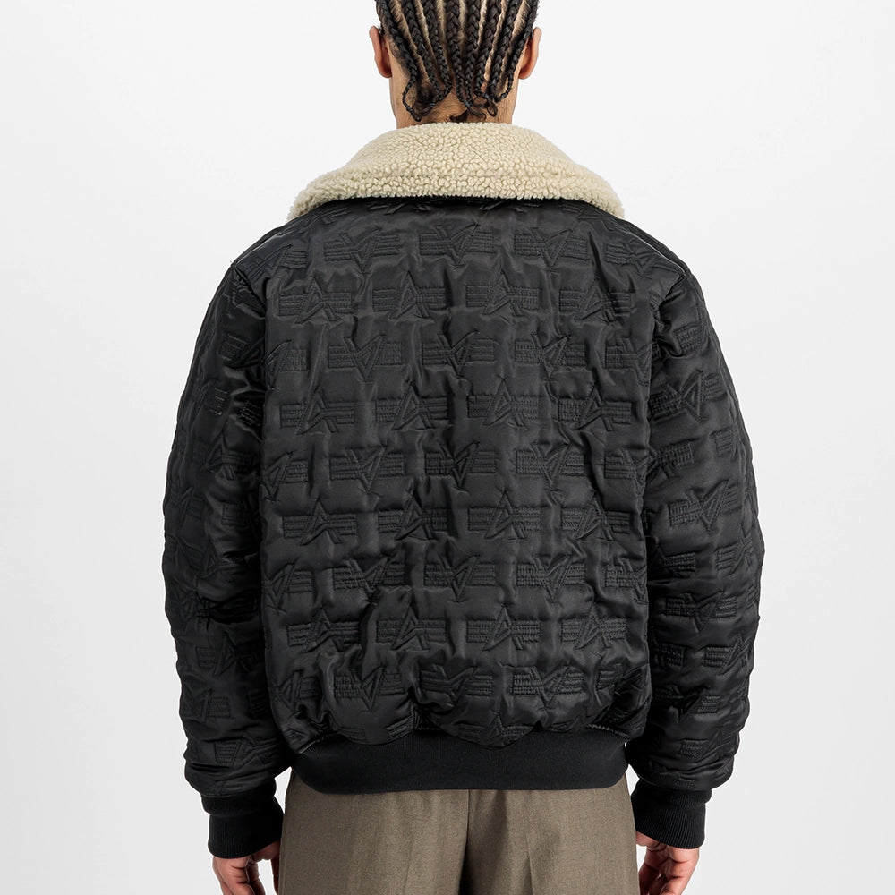 "Schwarze, wendbare Bomberjacke aus Nylon mit abnehmbarem Fellkragen, Utility Pocket und Rippbündchen.“