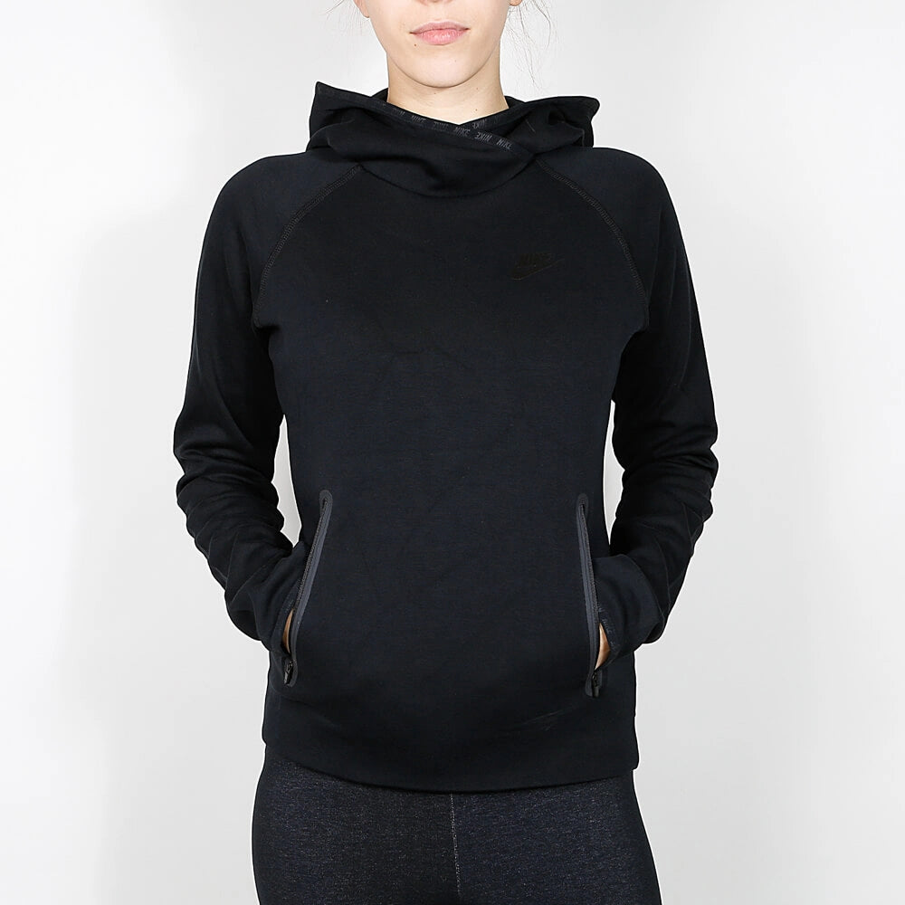 „Schwarzer Nike Sportswear Tech Fleece Funnel Hoodie für Damen mit Trichterkragen, Kapuze und Reißverschlusstasche am Ärmel bei Stickabush Berlin.“