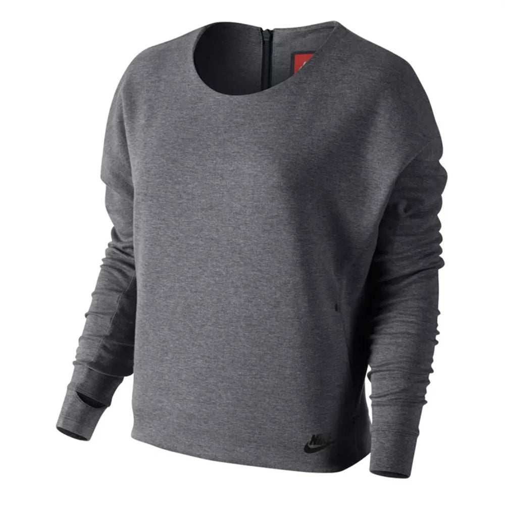 “Nike Sportswear Tech Fleece Crew Sweater Damen in Grau. Leichter, warmer Pullover aus Tech-Fleece-Material mit gerippten Bündchen.“