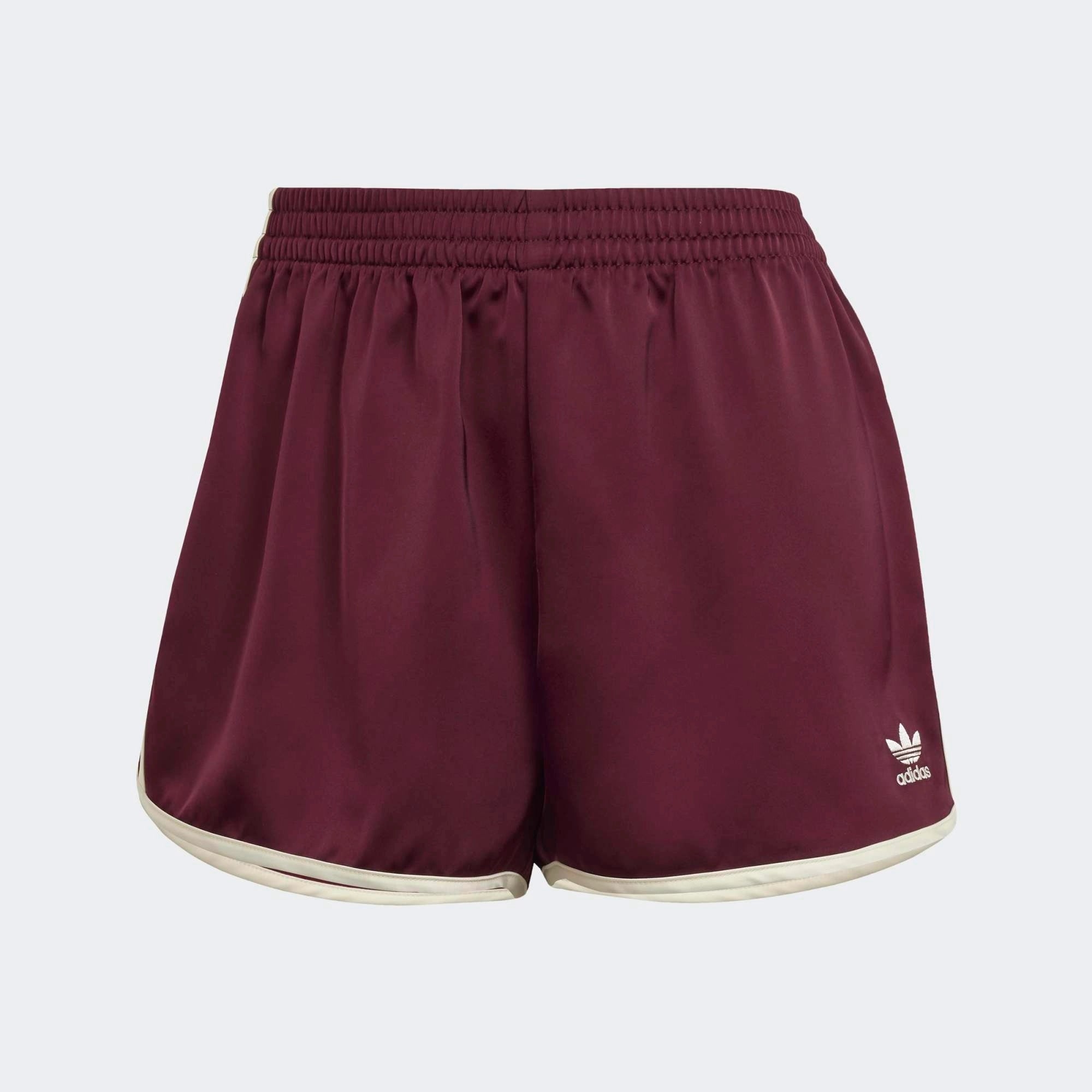 “Kurze adidas Originals 3-Stripes Sprinter Shorts für Damen in Bordeaux (Maroon) mit cremeweißen Details bei Stickabush.“