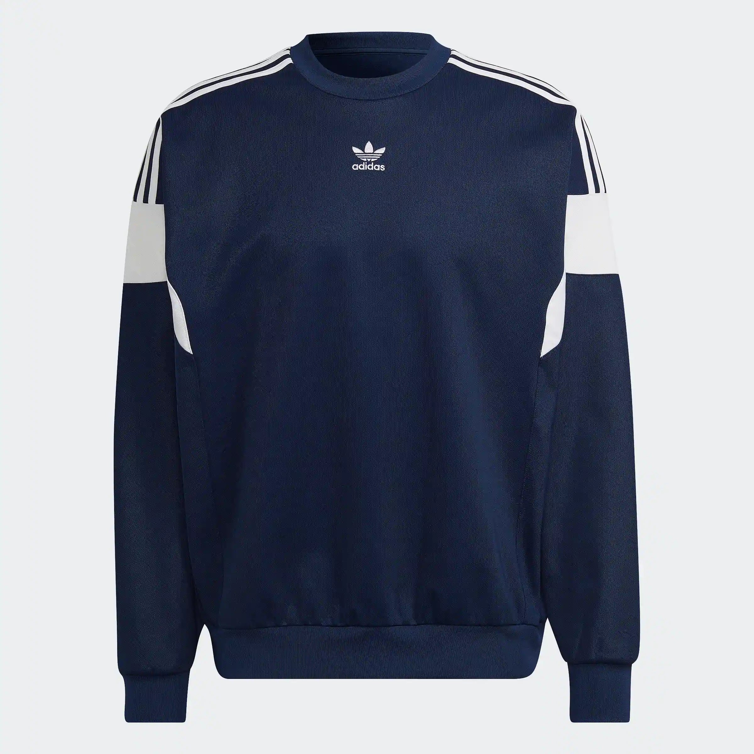 Adidas Classics Cutline Crew Sweatshirt – Night Indigo. Dunkelblaues Sweatshirt aus French Terry, mit Rundhalsausschnitt, gerippten Bündchen und gesticktem Adidas Trefoil Logo auf der Brust.
