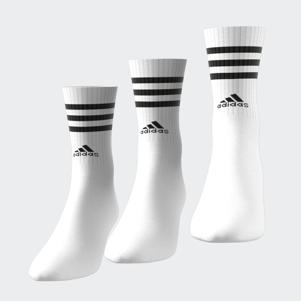 “Adidas 3-Stripes Cushioned Crew Socks 3er Pack in White. Bequeme und stylische Tennissocken die perfekt zu Retro Sneaker passen.“ 
