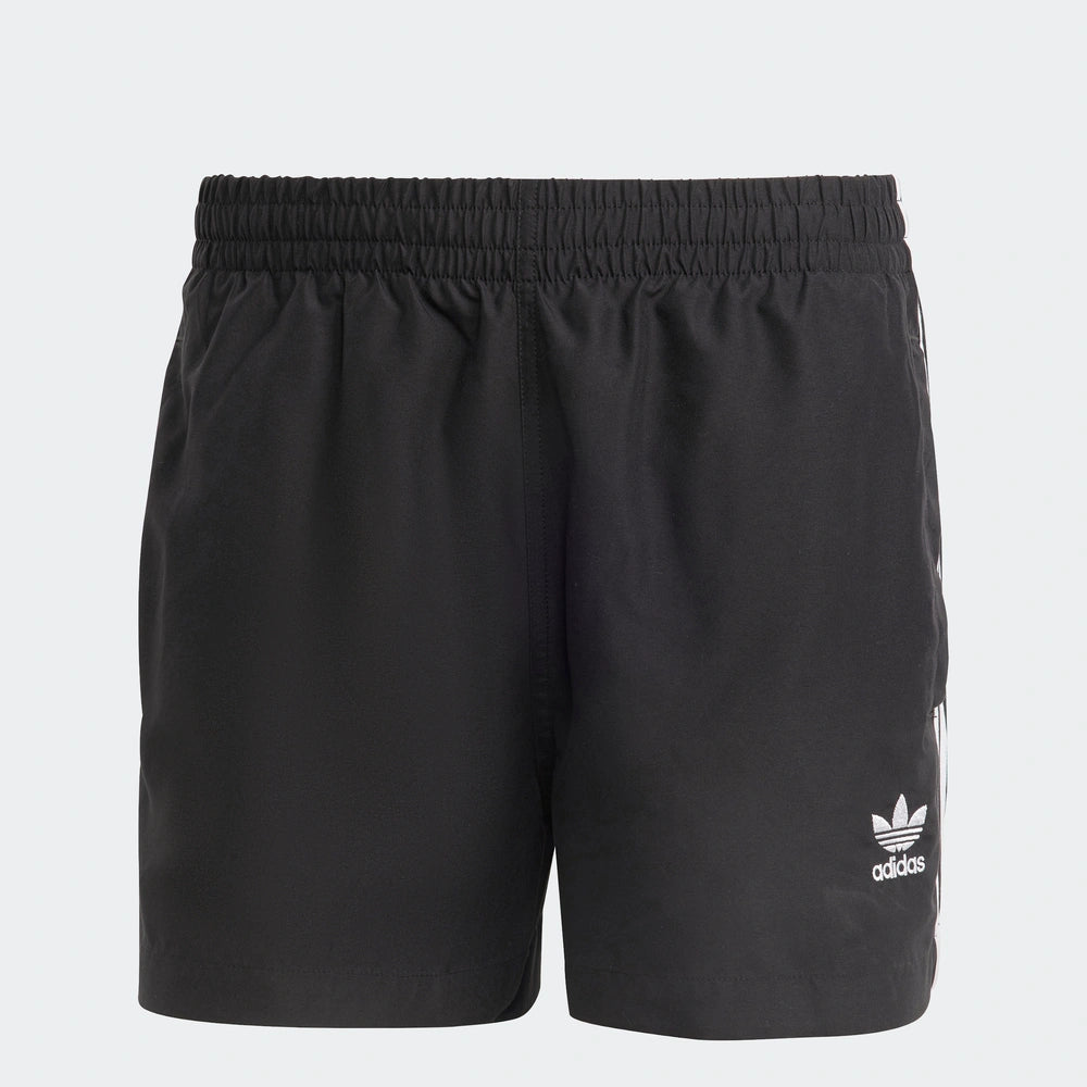 "Adidas 3-Stripes Badeshorts, Black/White (Schwarz/Weiß), leichtes, schnelltrocknendes Material (vermutlich Polyester), Badeshorts mit drei weißen Streifen an den Seiten."