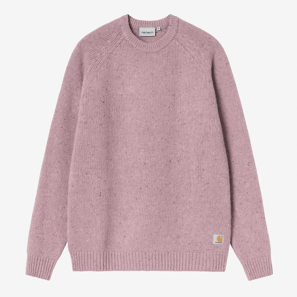 Rosa gesprenkelter Carhartt WIP Anglistic Sweater in Speckled Hortensia aus Wollgemisch mit Raglanärmeln – Vorderansicht im STICKABUSH Online-Shop