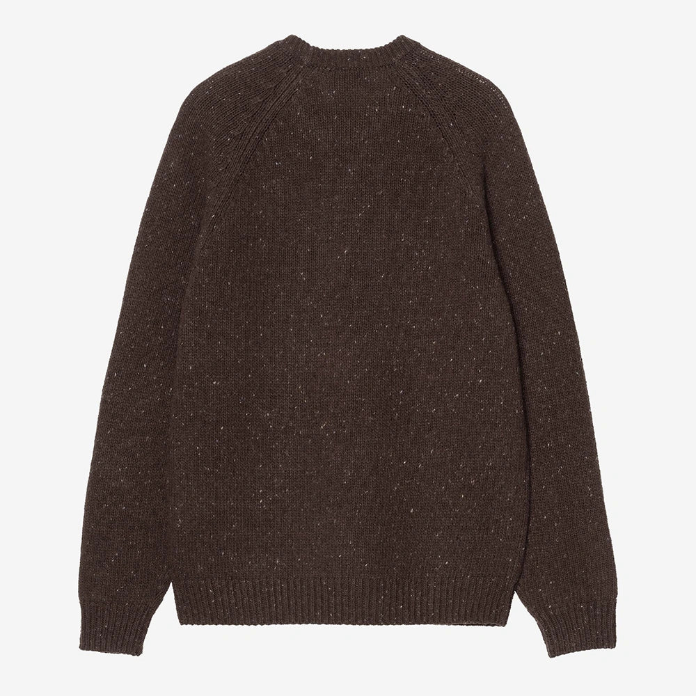 Dunkelbraun gesprenkelter Carhartt WIP Anglistic Sweater in Speckled Tobacco aus Wollgemisch mit Raglanärmeln – Rueckansicht im STICKABUSH Online-Shop
