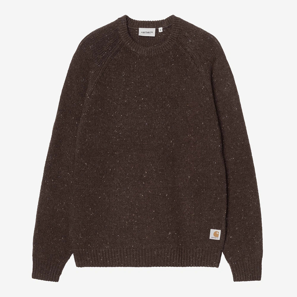 Dunkelbraun gesprenkelter Carhartt WIP Anglistic Sweater in Speckled Tobacco aus Wollgemisch mit Raglanärmeln – Vorderansicht im STICKABUSH Online-Shop