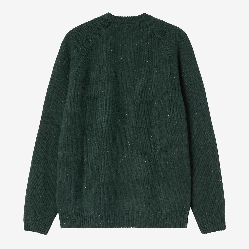 Dunkelgrün gesprenkelter Carhartt WIP Anglistic Sweater in Speckled Dark Scarab aus Wollgemisch mit Raglanärmeln – Rueckansicht im STICKABUSH Online-Shop