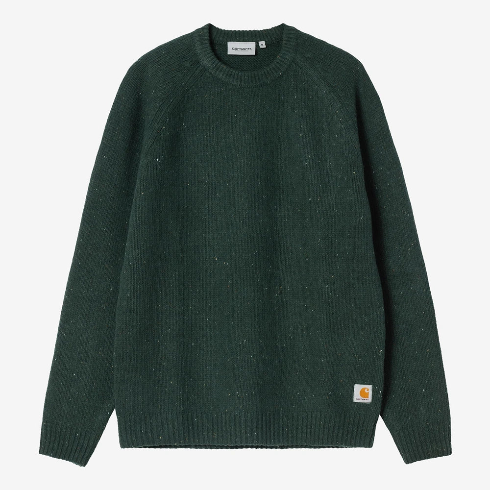 Dunkelgrün gesprenkelter Carhartt WIP Anglistic Sweater in Speckled Dark Scarab aus Wollgemisch mit Raglanärmeln – Vorderansicht im STICKABUSH Online-Shop