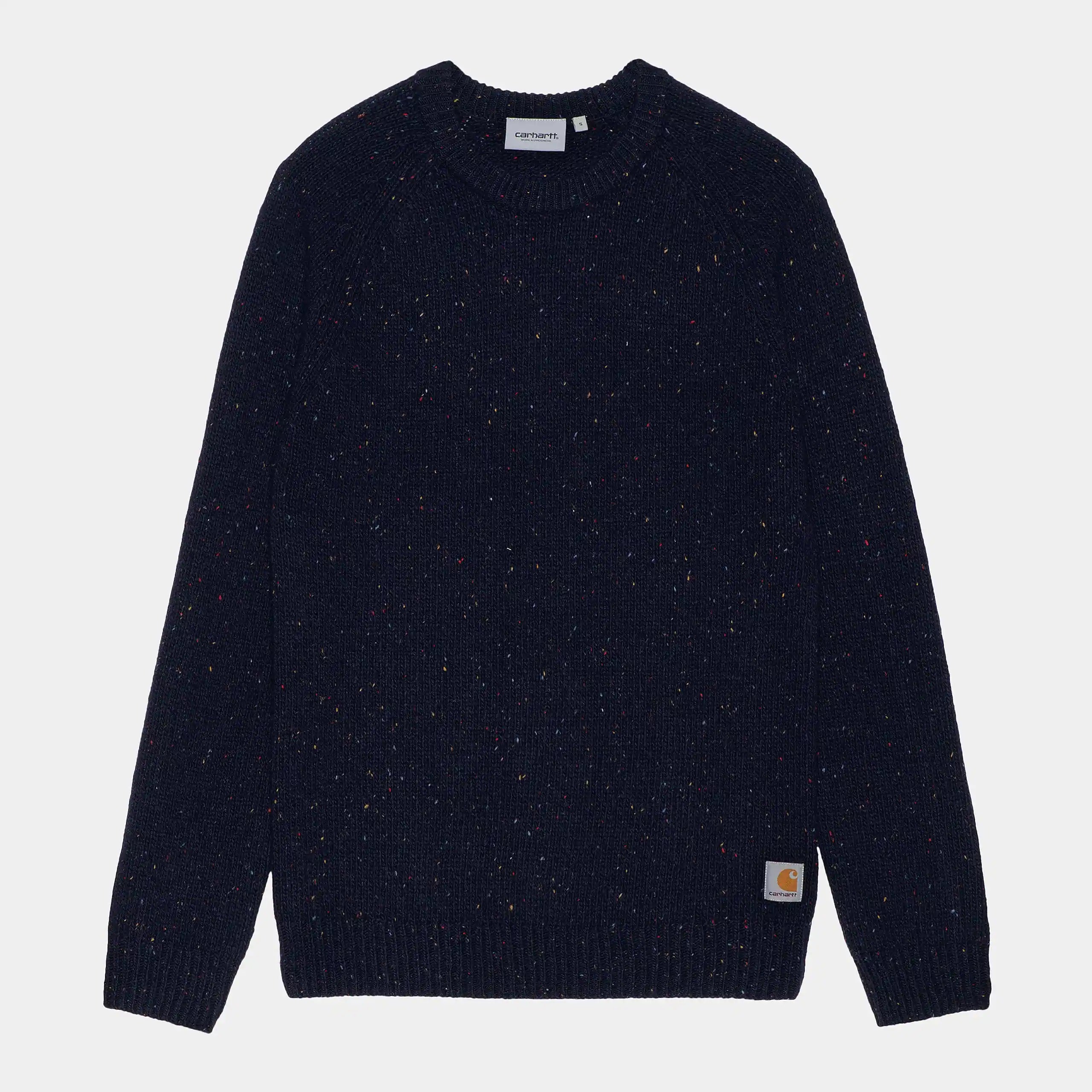 Carhartt WIP Anglistic Sweater – Speckled Dark Navy. Dunkelblauer Pullover aus Wolle-Baumwoll-Mix, mit gesprenkeltem Muster, Rundhals und Rippstrickbündchen.