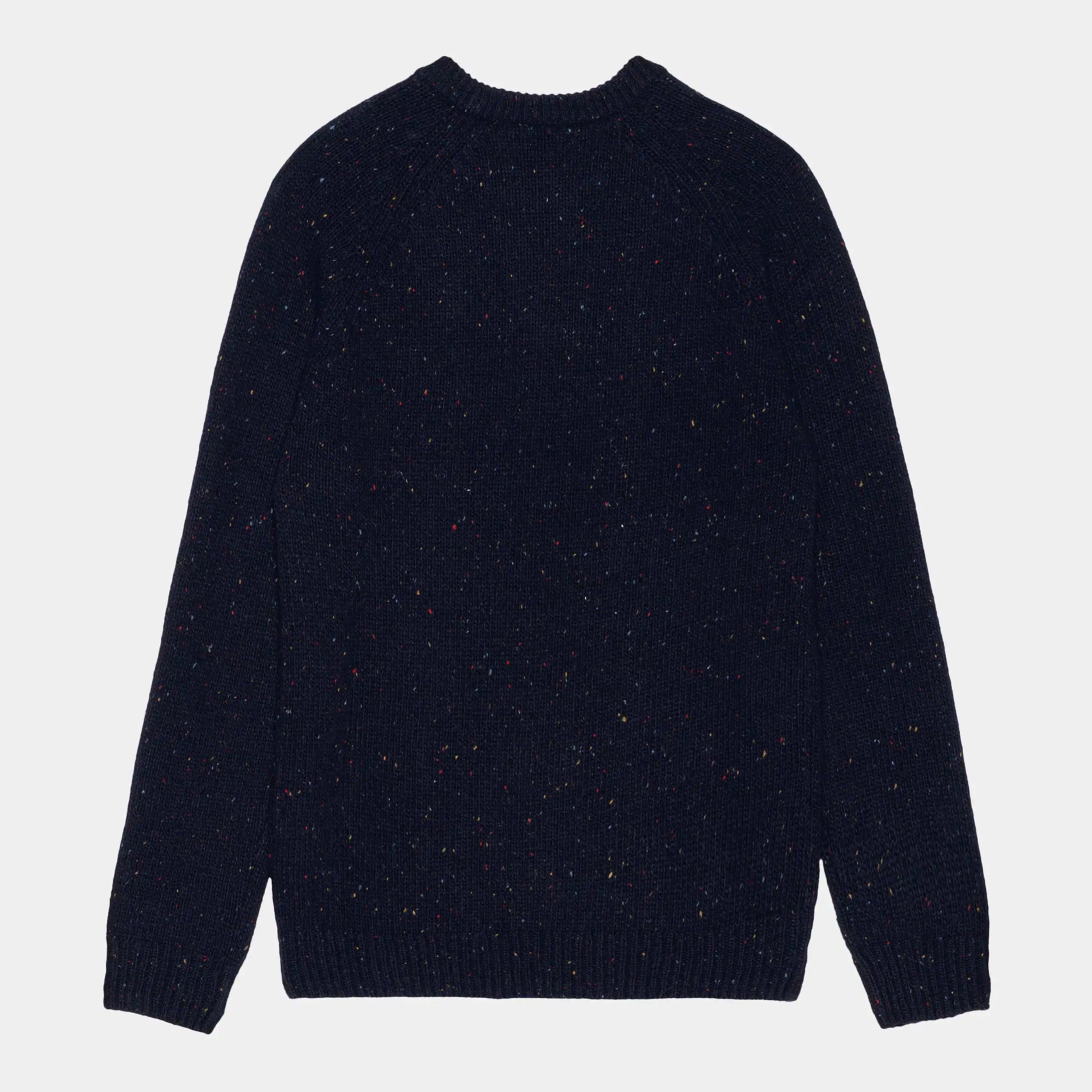 Carhartt WIP Anglistic Sweater – Speckled Dark Navy. Dunkelblauer Pullover aus Wolle-Baumwoll-Mix, mit gesprenkeltem Muster, Rundhals und Rippstrickbündchen.