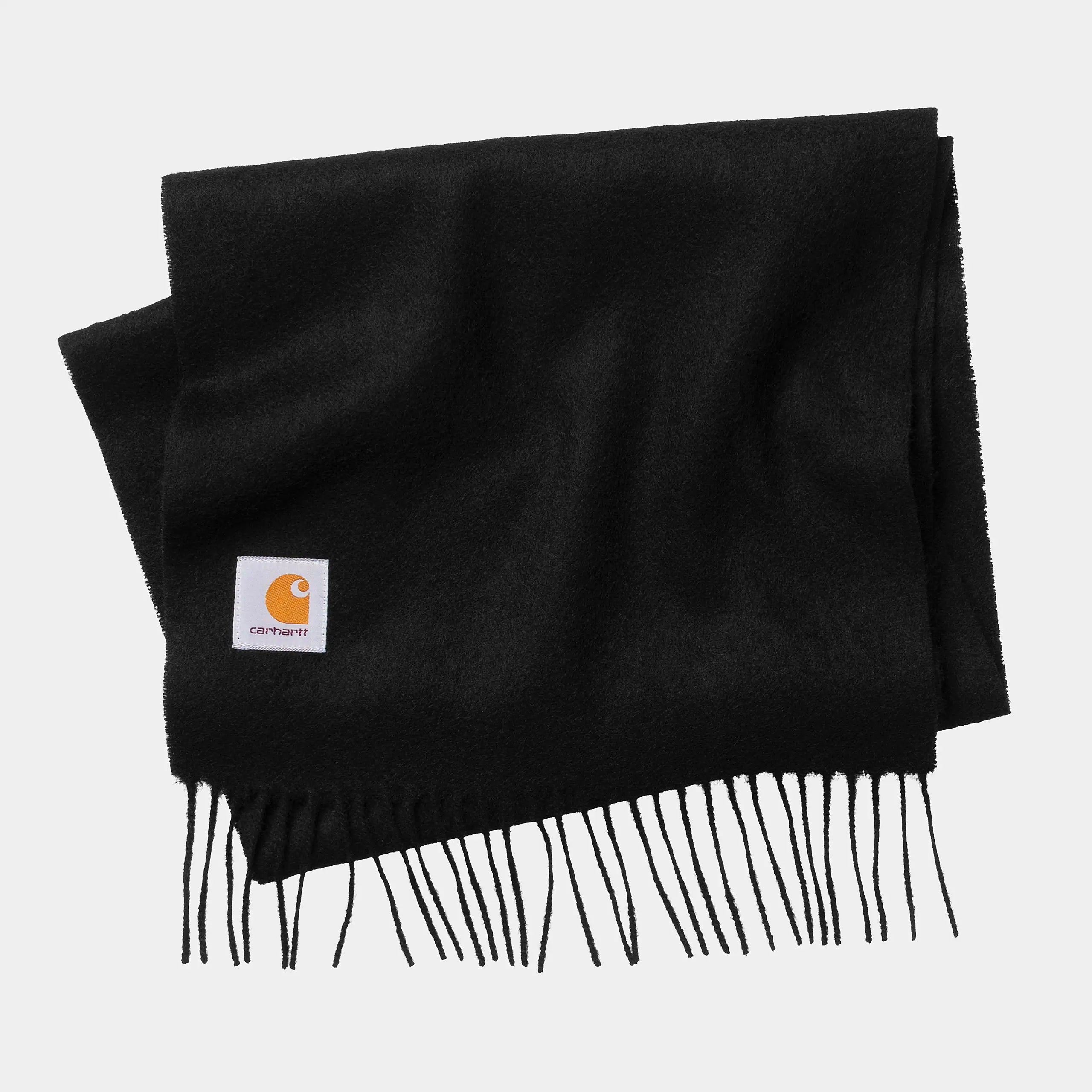 Carhartt WIP Clan Scarf – Black. Schwarzer Schal aus weichem Lammwoll-Mix, mit Zopfmuster, gerippten Enden und kleinem Carhartt WIP Square Label.