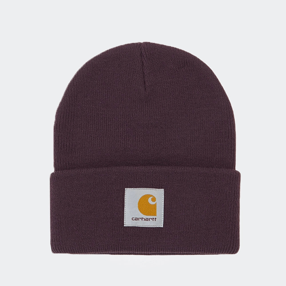 Carhartt WIP Short Watch Hat – Dark Plum. Dunkellila Beanie aus geripptem Acrylstrick, mit umgeschlagenem Saum und gewebtem Carhartt WIP Logo-Patch.