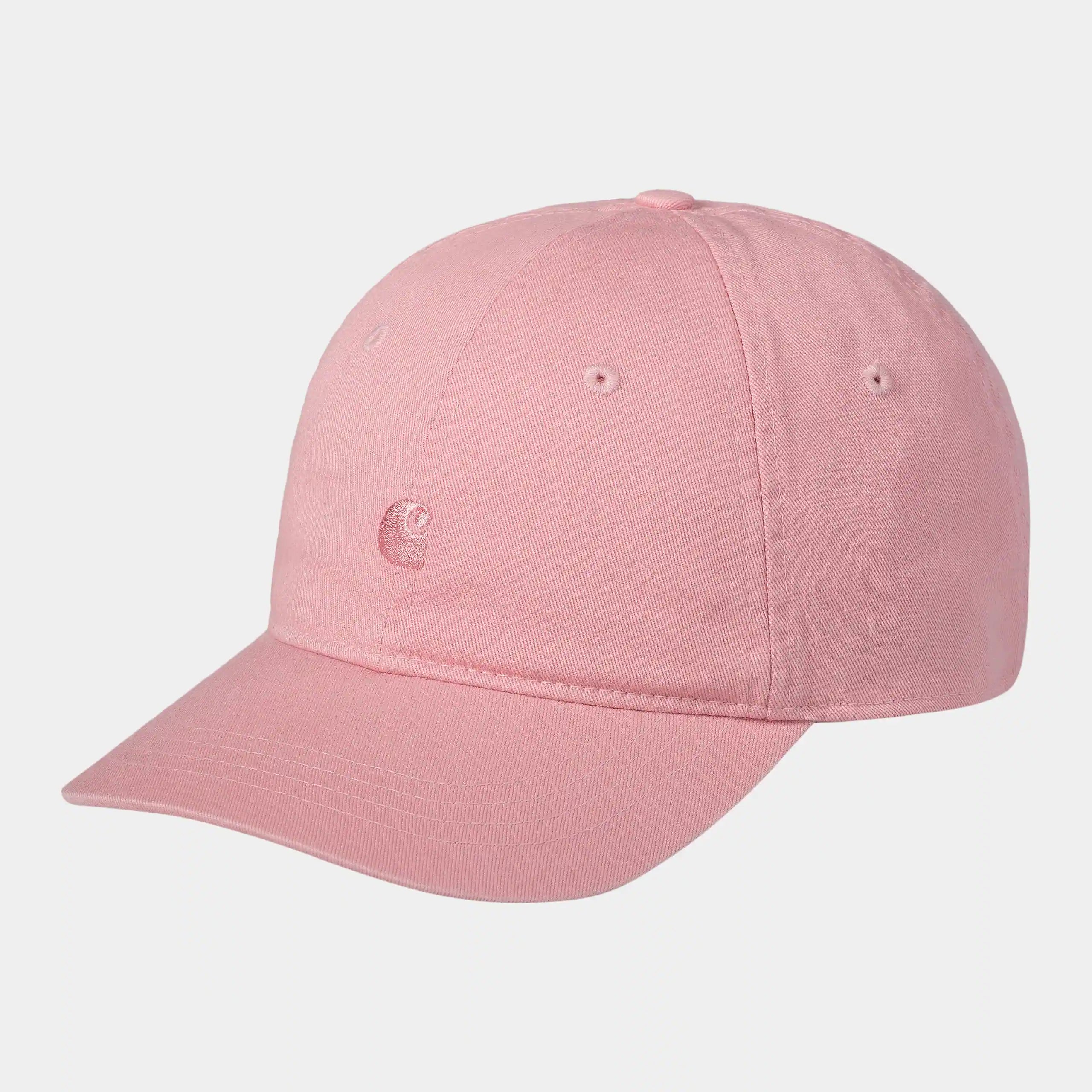 "Carhartt WIP Madison Logo Cap, Dahlia (kräftiges Rosa), Baumwoll-Twill, Baseballkappe mit gesticktem Logo vorne und verstellbarem Riemen."