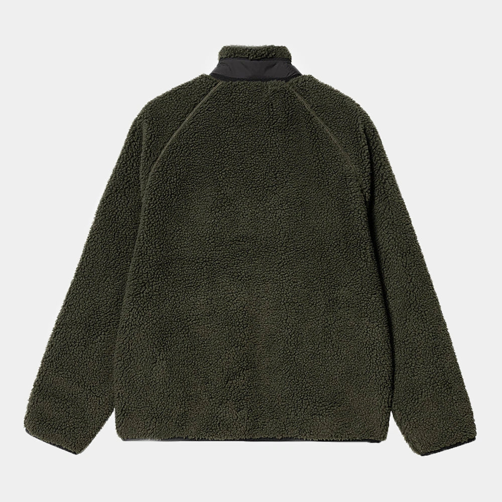 Carhartt WIP Prentis Liner in Cypress / Black – Rueckansicht der olivegrünen Fleece-Jacke für Herren mit schwarzen Nylon-Akzenten und Quadrat-Logo.