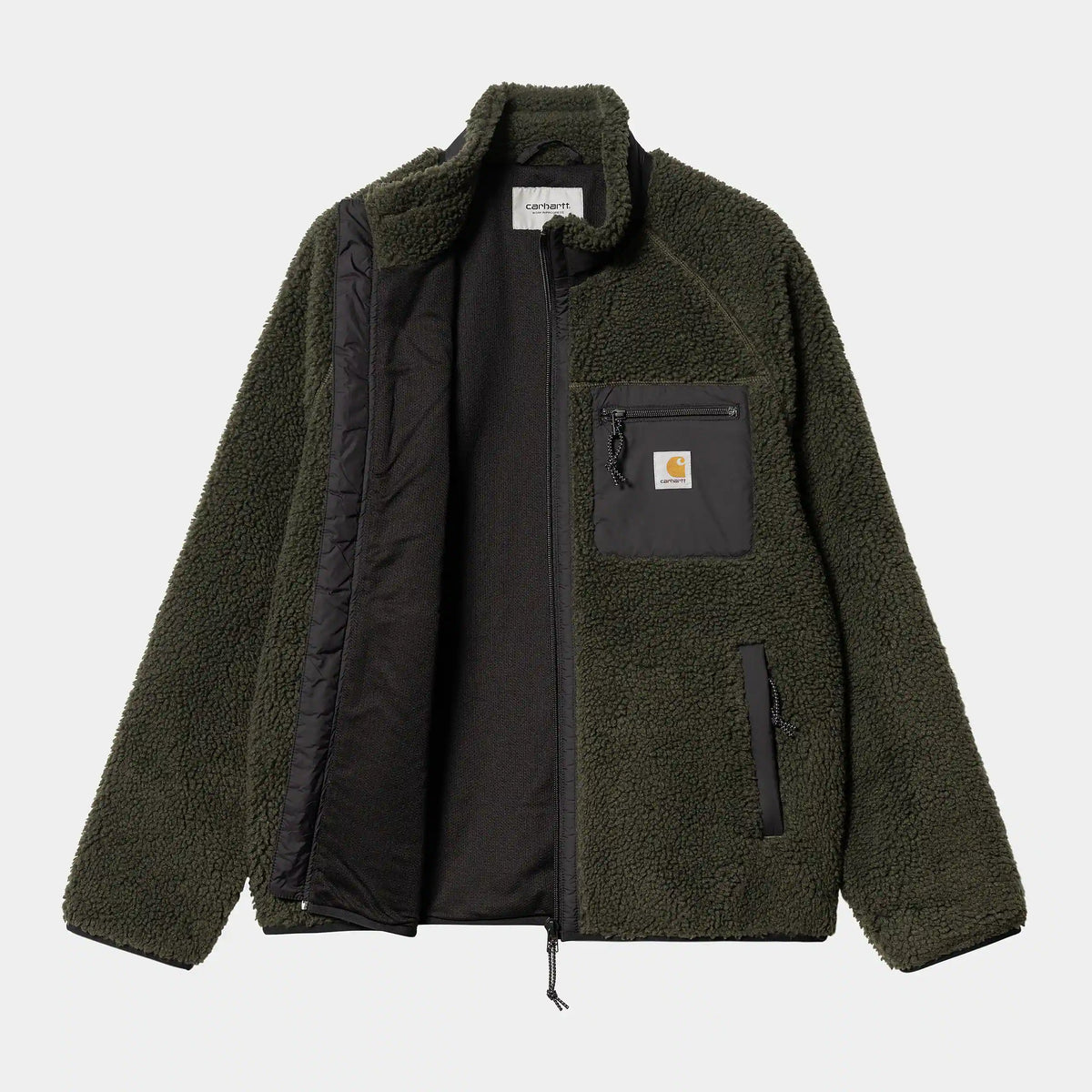 Carhartt WIP Prentis Liner in Cypress / Black – geöffnete Vorderansicht der olivegrünen Fleece-Jacke für Herren mit schwarzen Nylon-Akzenten und Quadrat-Logo.