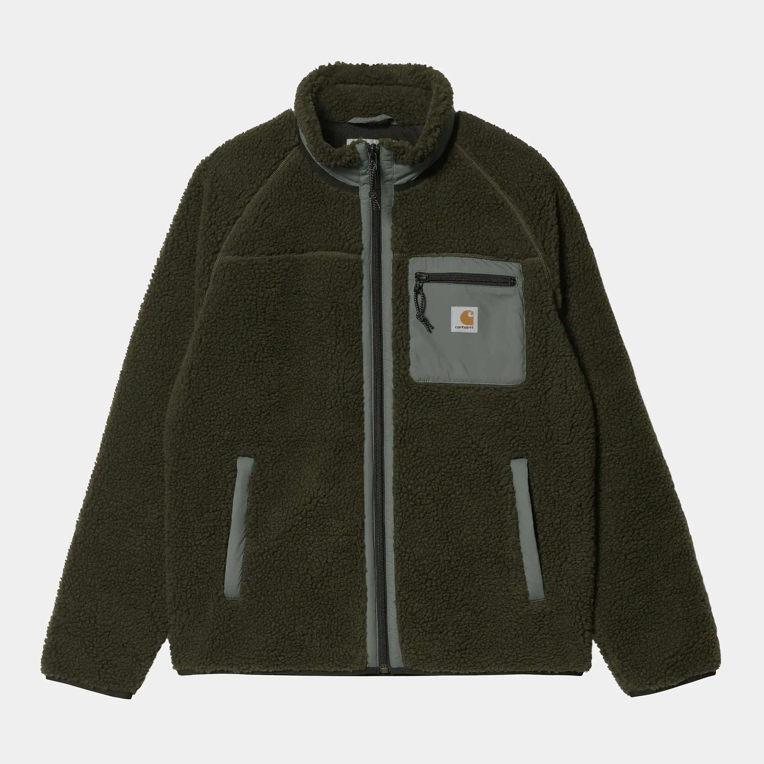 Carhartt WIP Prentis Liner – Cypress / Thyme. Grün-beigefarbene Fleecejacke aus Teddy-Fleece, mit Reißverschluss, Brusttasche und gesticktem Carhartt WIP Logo.