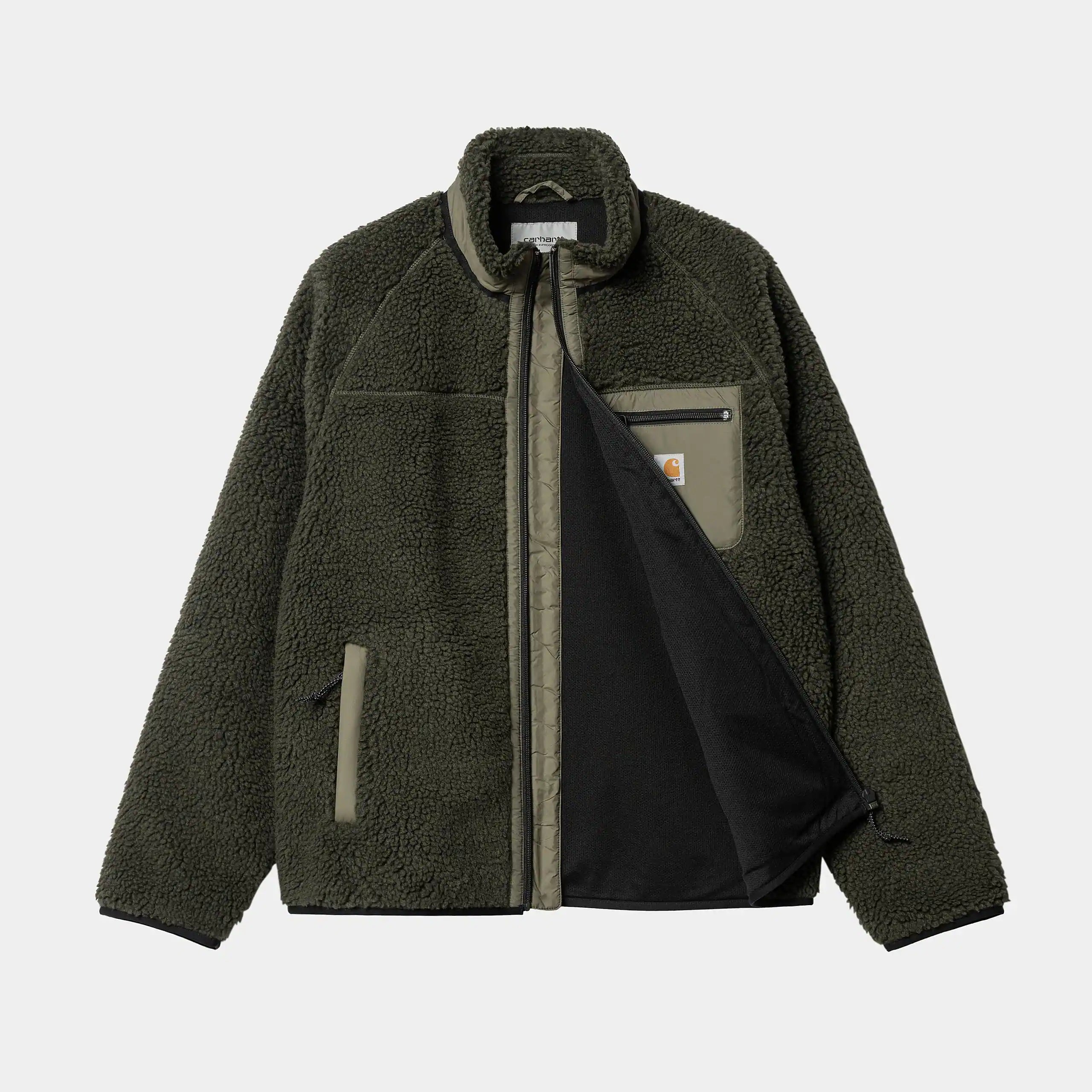 "Carhartt WIP Prentis Liner – Cypress / Seaweed. Grüner Fleece-Liner aus Teddyfleece, mit Reißverschluss, Kontrasteinsätzen und Carhartt WIP Logo auf der Brust."