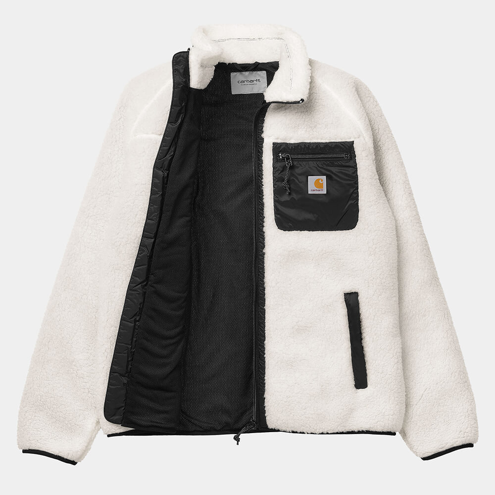 Carhartt WIP Prentis Liner – Moonbeam / Black. Beiger Fleece-Liner aus Pile-Fleece, mit Reißverschluss, schwarzem Nylon-Besatz und Carhartt WIP Logo auf der Brusttasche.